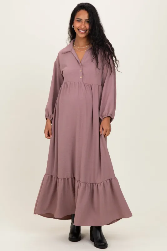 Mocha Solid Long Sleeve Button Down Tiered Collared Maternity Dress sold by Pinkblush