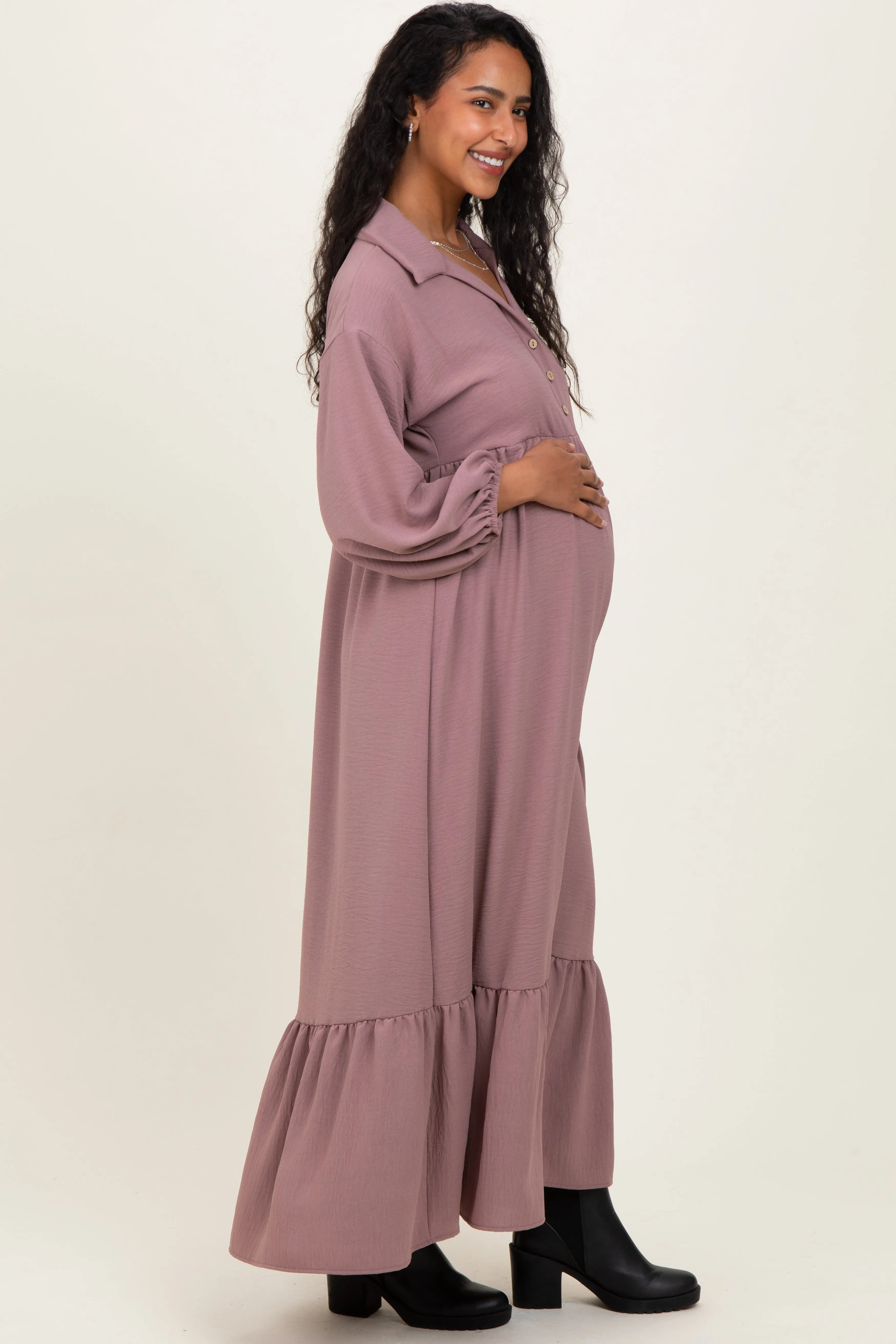 Mocha Solid Long Sleeve Button Down Tiered Collared Maternity Dress sold by Pinkblush product image thumbnail 2