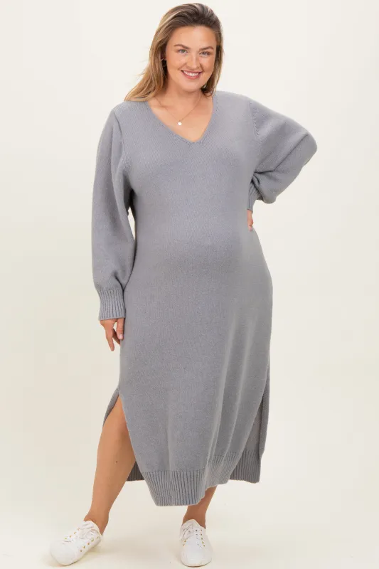 Heather Grey V-Neck Relaxed Fit Maternity Plus Sweater Dress sold by Pinkblush