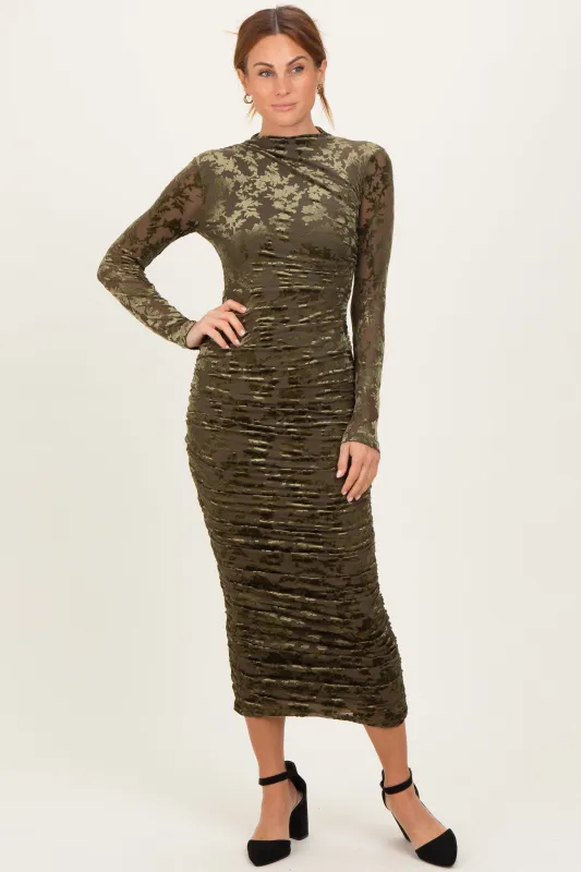 Olive Floral Velvet Mesh Ruched Midi Dress sold by Pinkblush