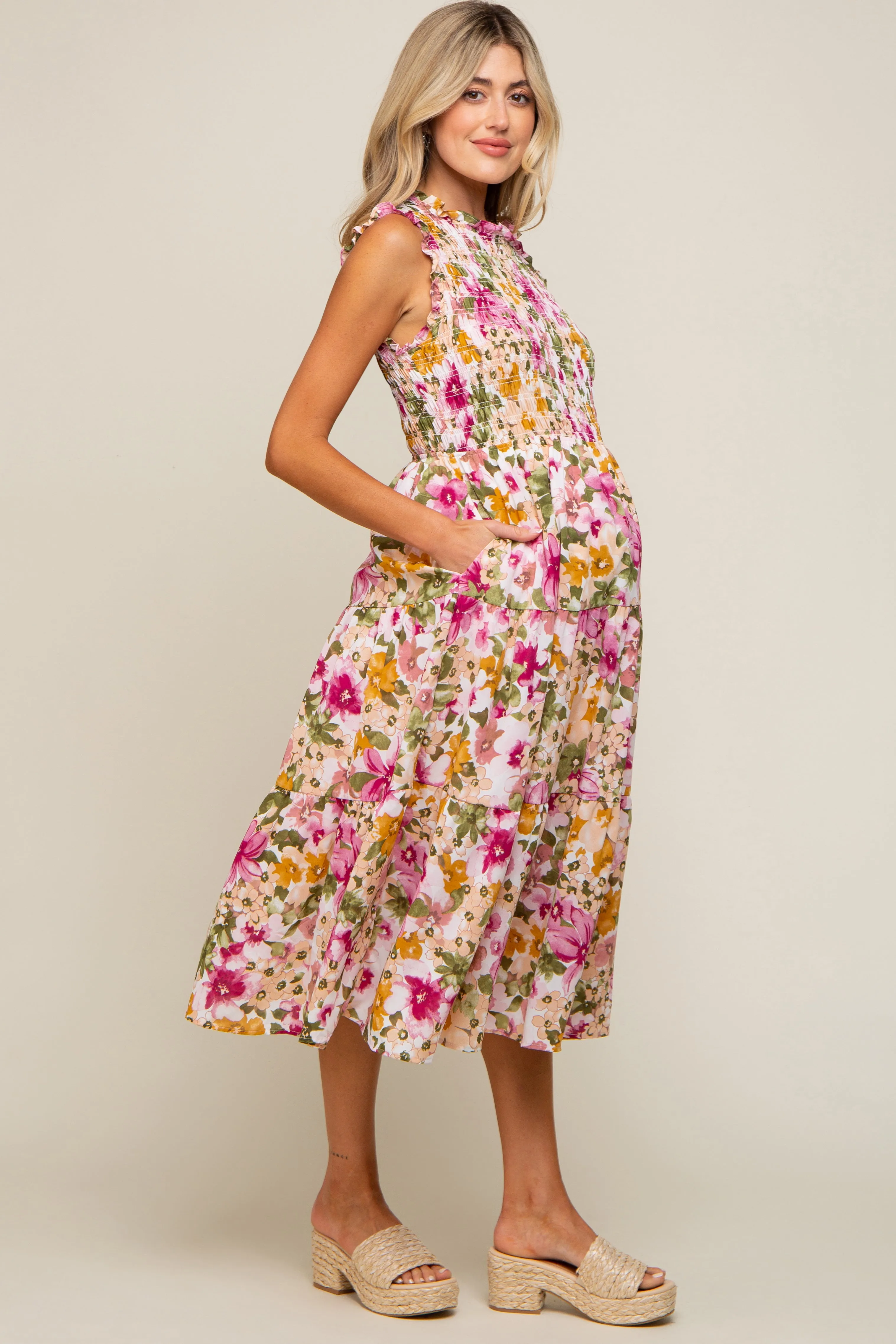 Ivory Floral Smocked Ruffle Neck Maternity Midi Dress sold by Pinkblush product image thumbnail 2