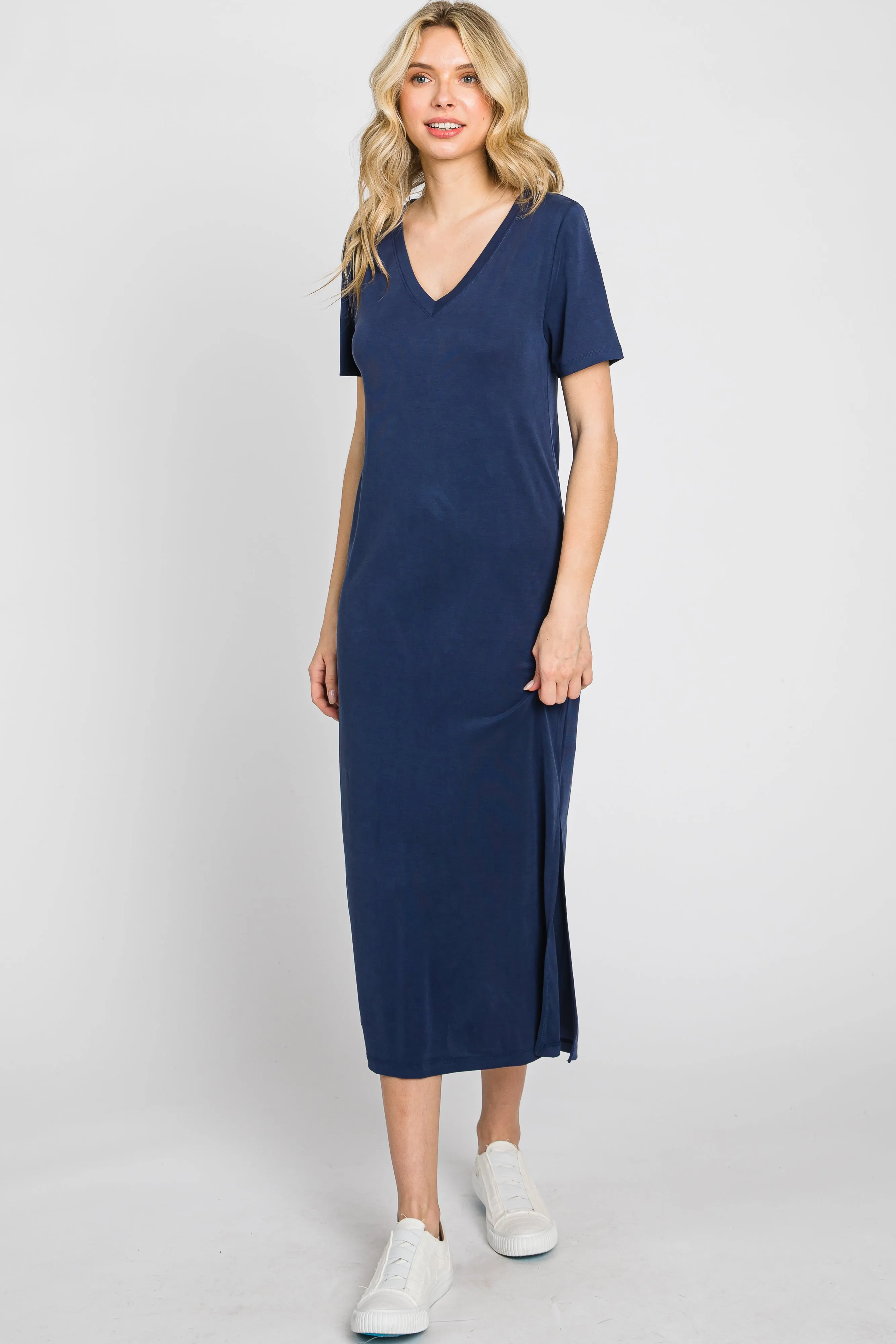 Navy V-Neck Short Sleeve Side Slit Midi Dress sold by Pinkblush product image thumbnail 3