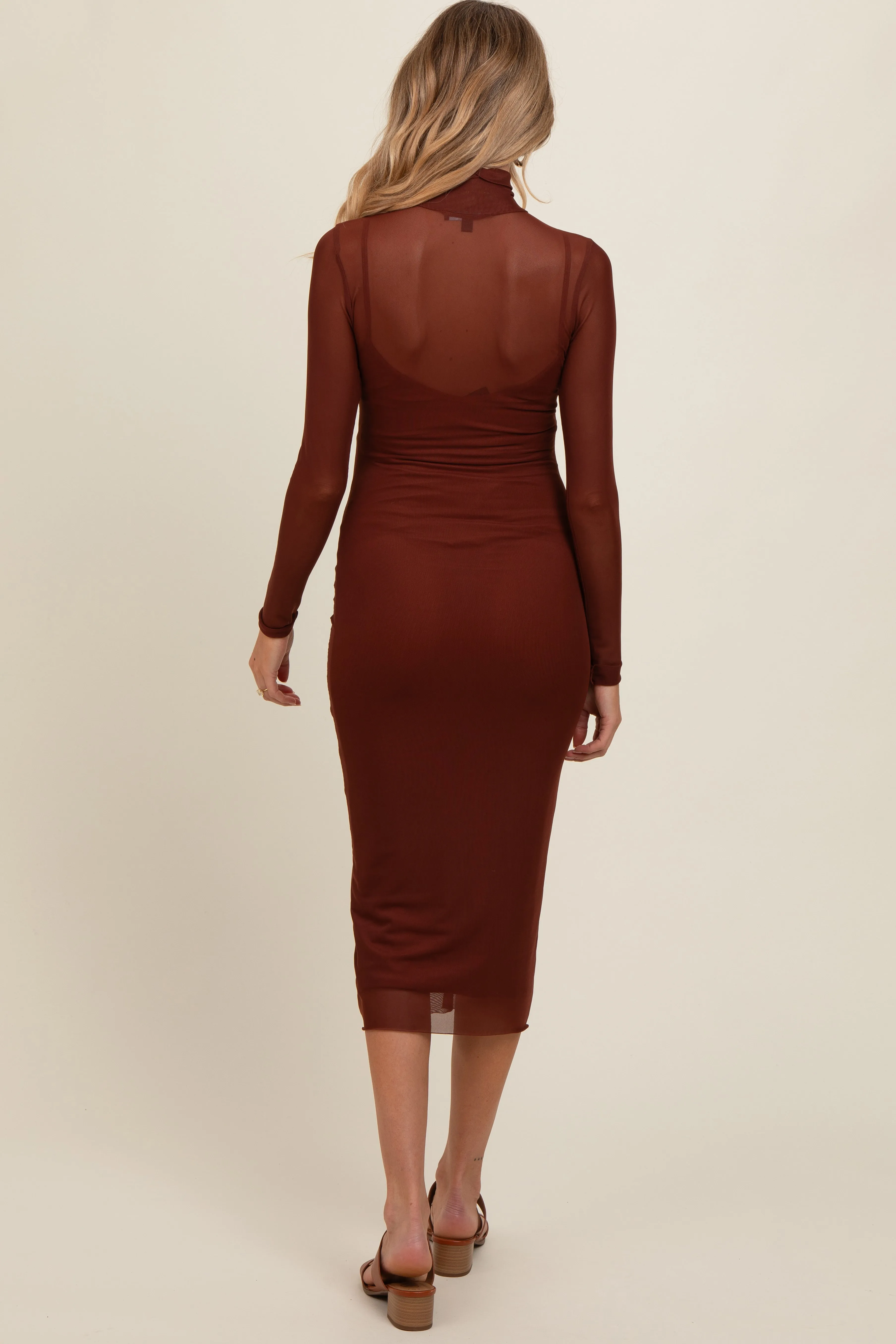 Brown Mesh Overlay Fitted Maternity Midi Dress sold by Pinkblush product image thumbnail 3