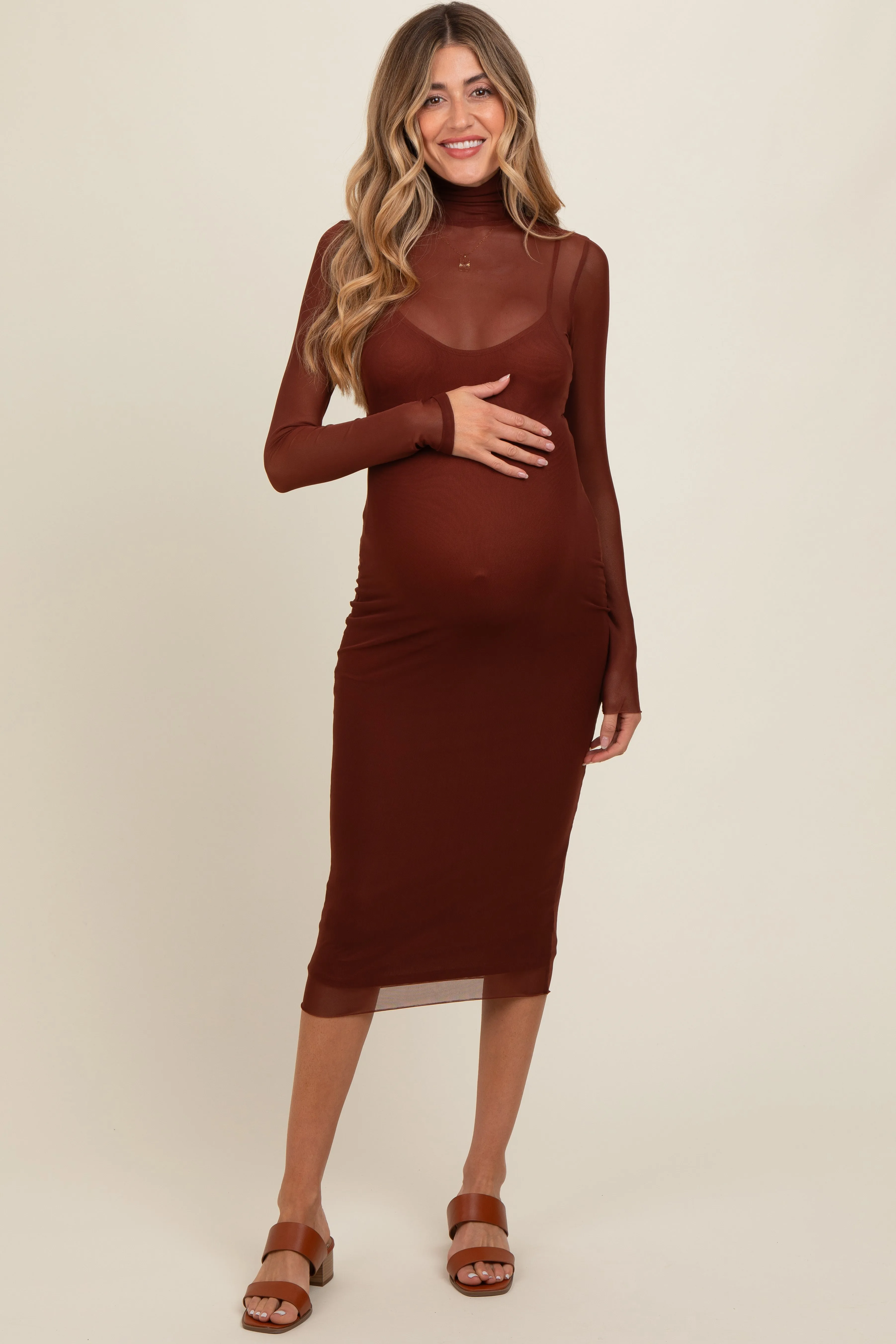 Brown Mesh Overlay Fitted Maternity Midi Dress sold by Pinkblush