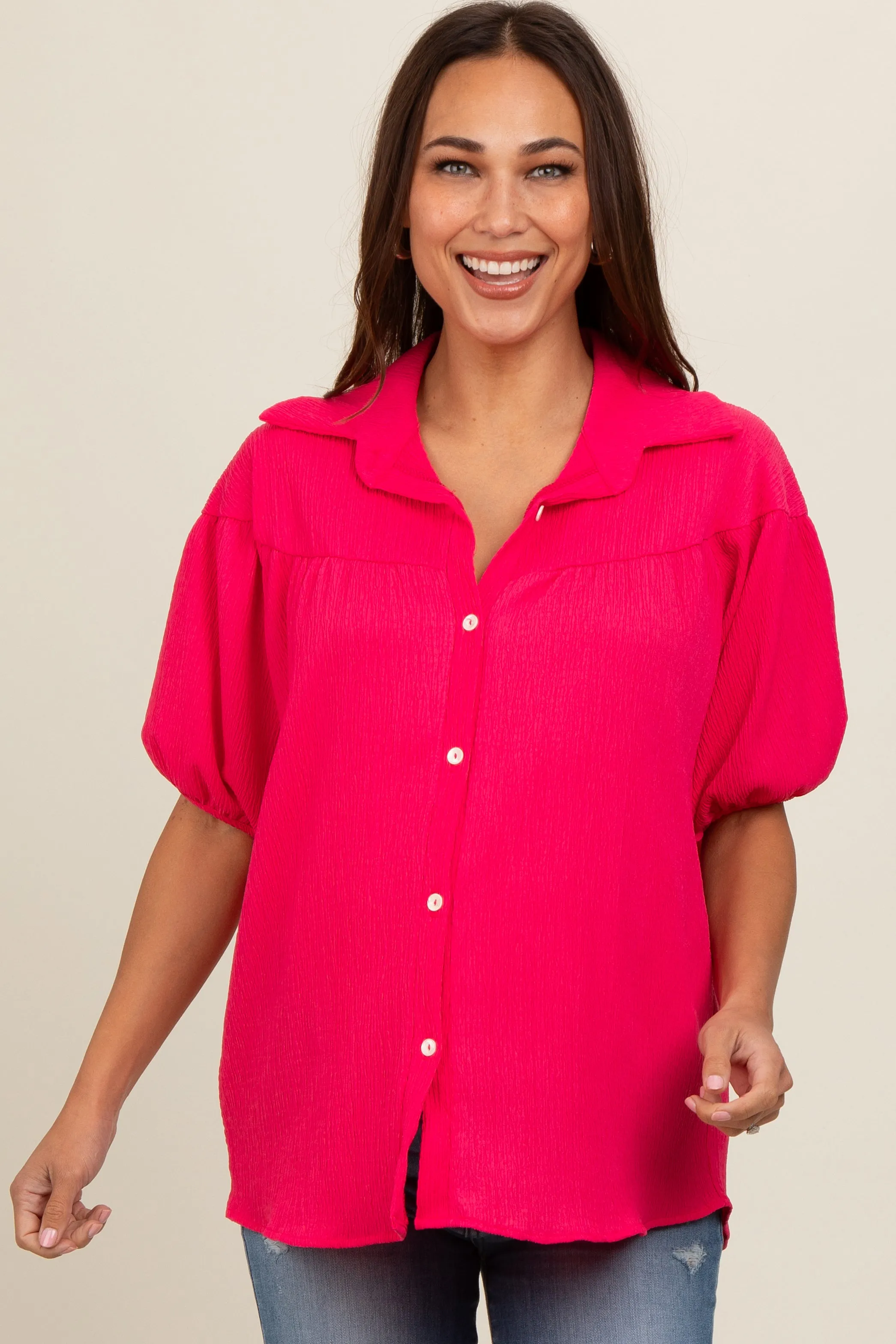 Fuchsia Collared Button Down Maternity Blouse sold by Pinkblush product image thumbnail 2