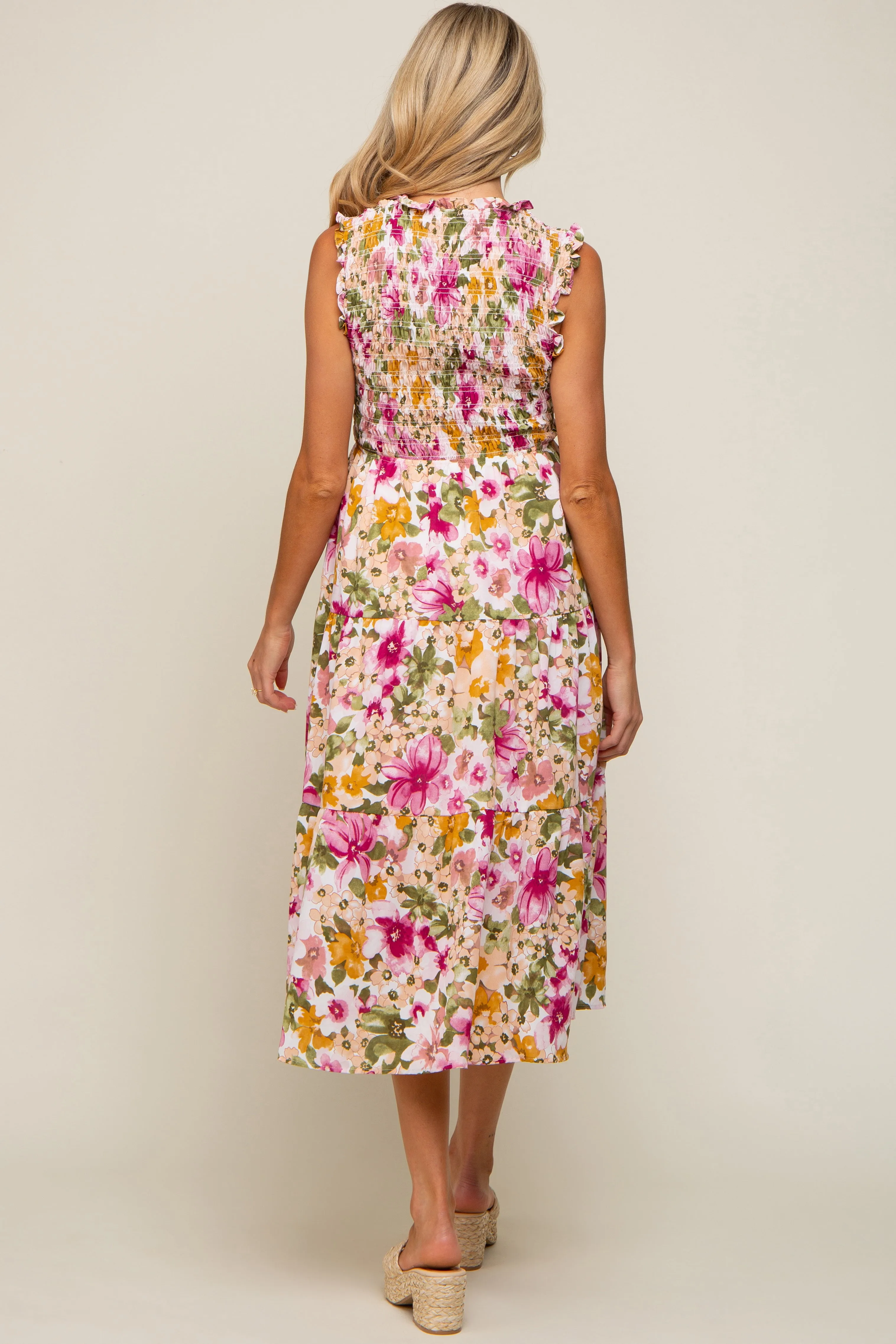 Ivory Floral Smocked Ruffle Neck Maternity Midi Dress sold by Pinkblush product image thumbnail 3