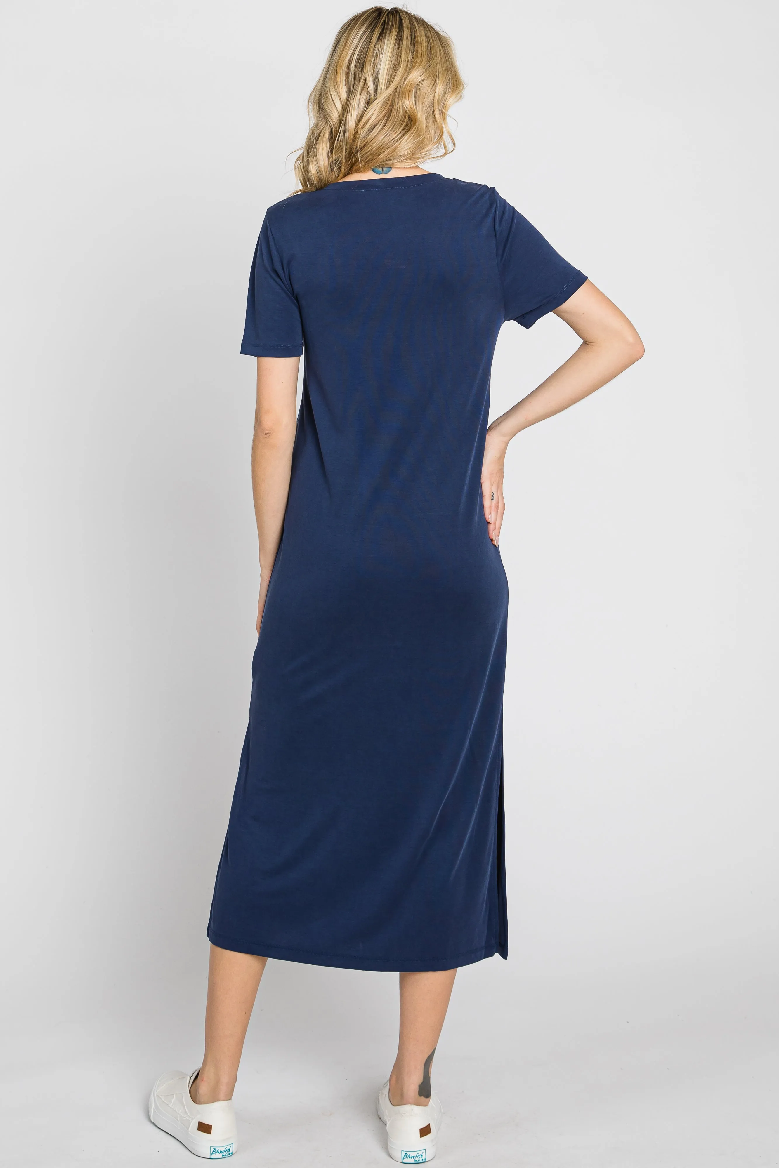 Navy V-Neck Short Sleeve Side Slit Midi Dress sold by Pinkblush product image thumbnail 4