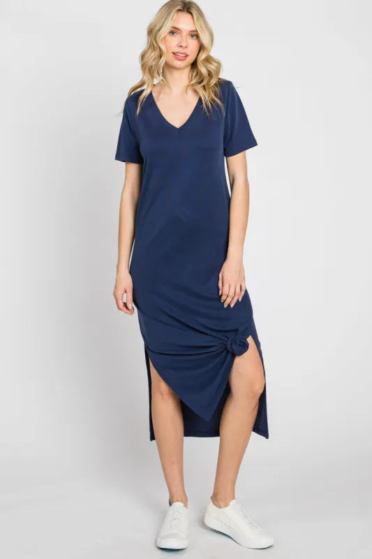 Navy V-Neck Short Sleeve Side Slit Midi Dress sold by Pinkblush