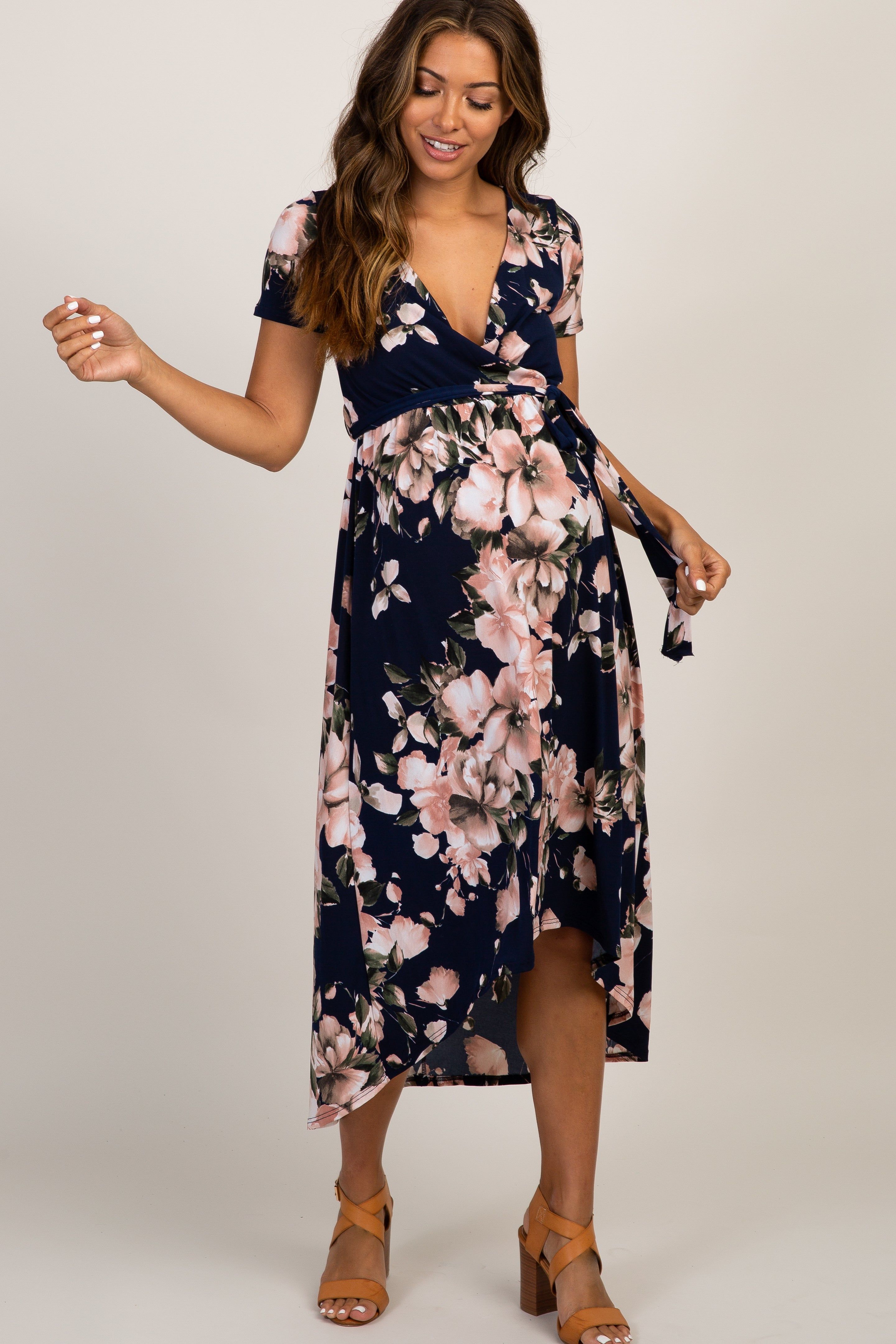 Navy Floral Hi-Low Maternity Wrap Dress sold by Pinkblush