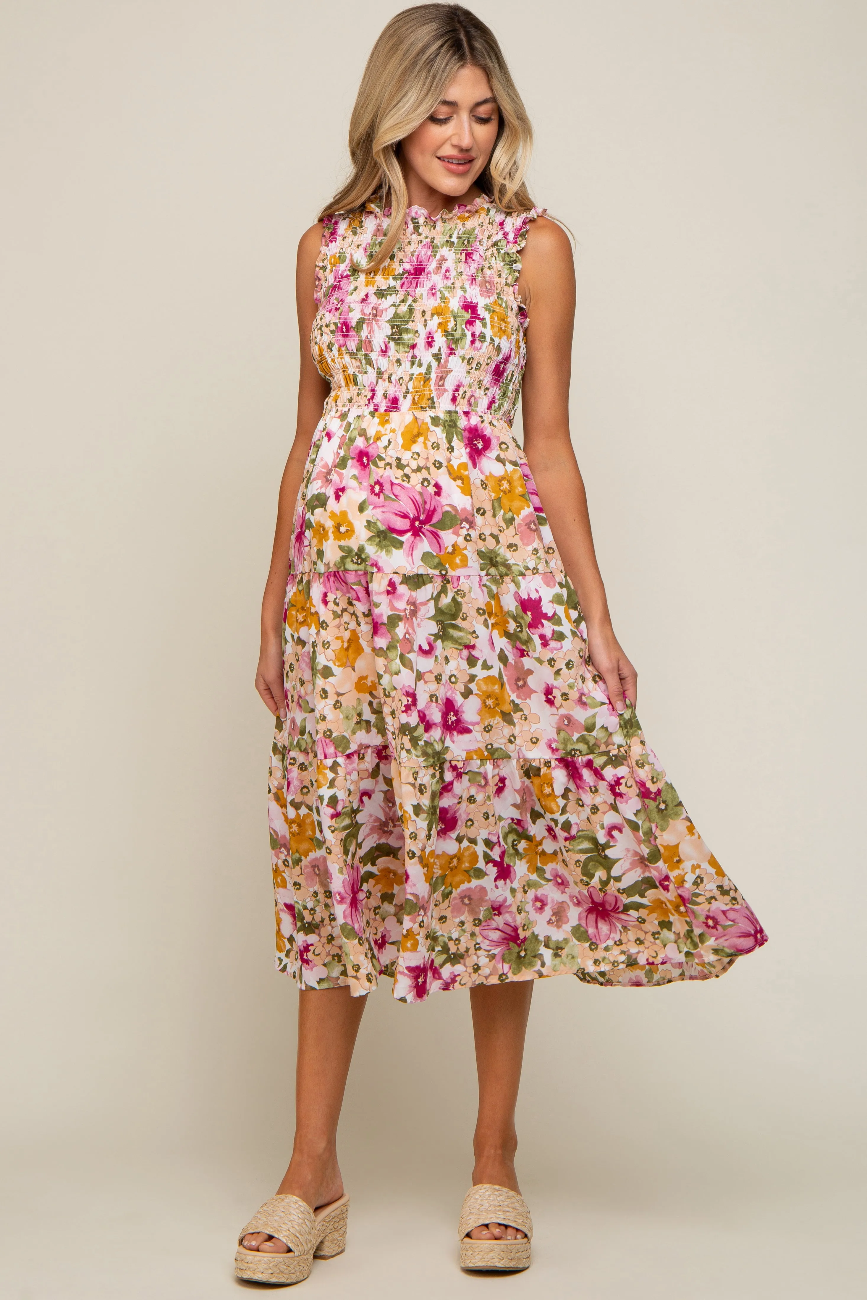 Ivory Floral Smocked Ruffle Neck Maternity Midi Dress sold by Pinkblush product image thumbnail 4