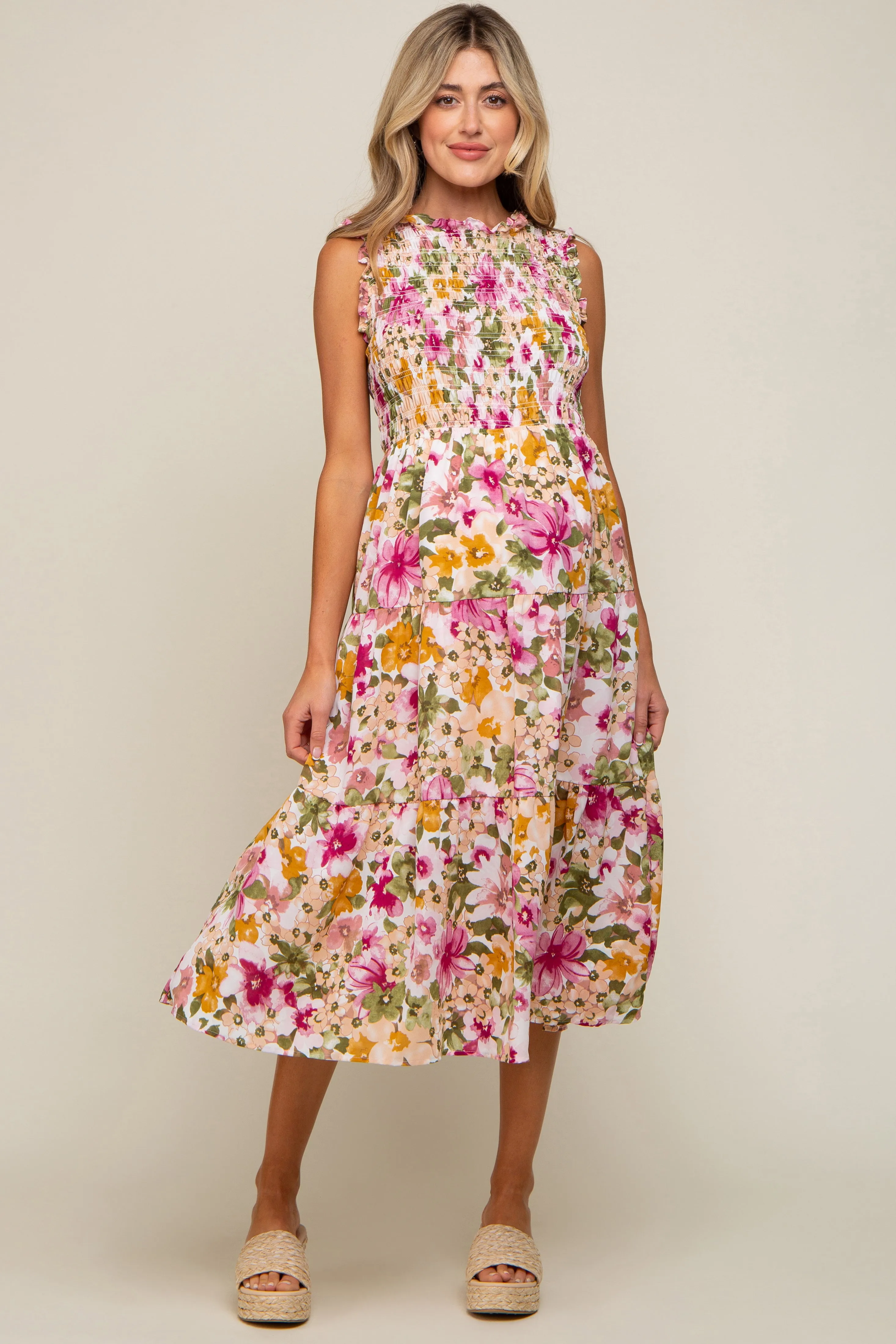 Ivory Floral Smocked Ruffle Neck Maternity Midi Dress sold by Pinkblush