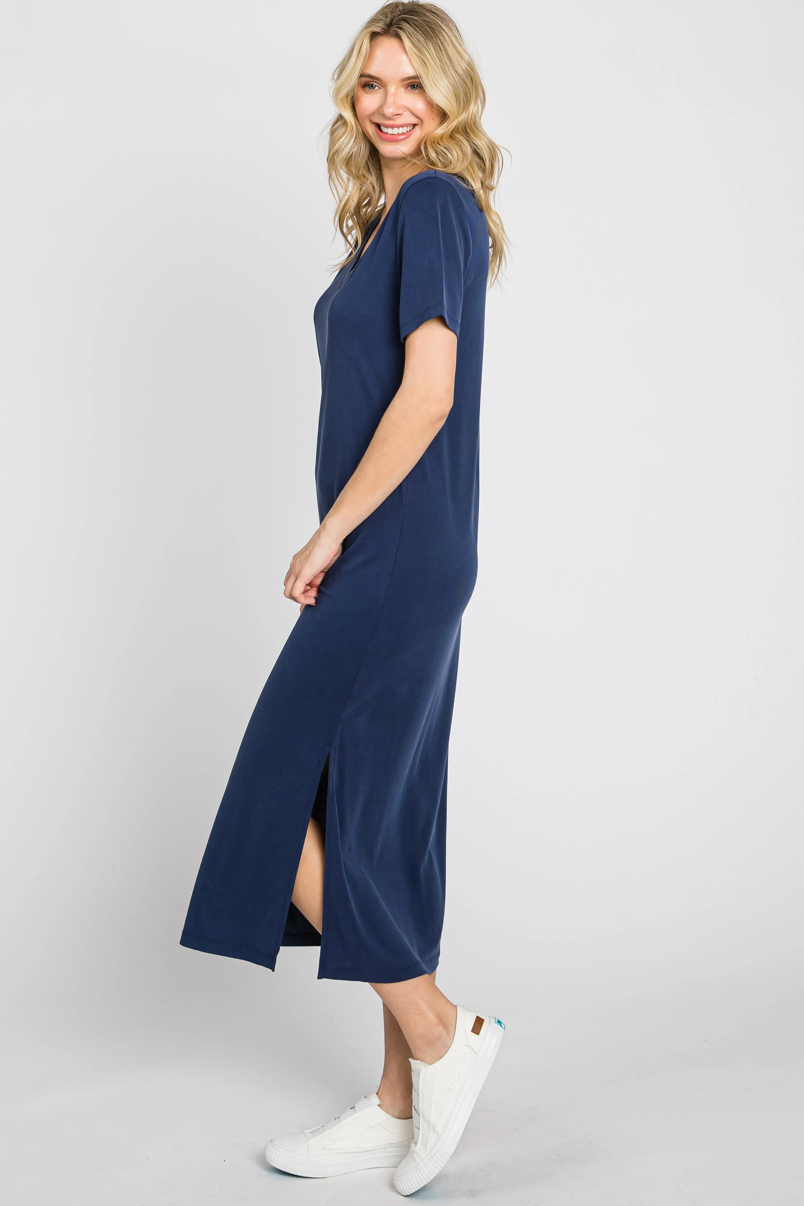 Navy V-Neck Short Sleeve Side Slit Midi Dress sold by Pinkblush product image thumbnail 2