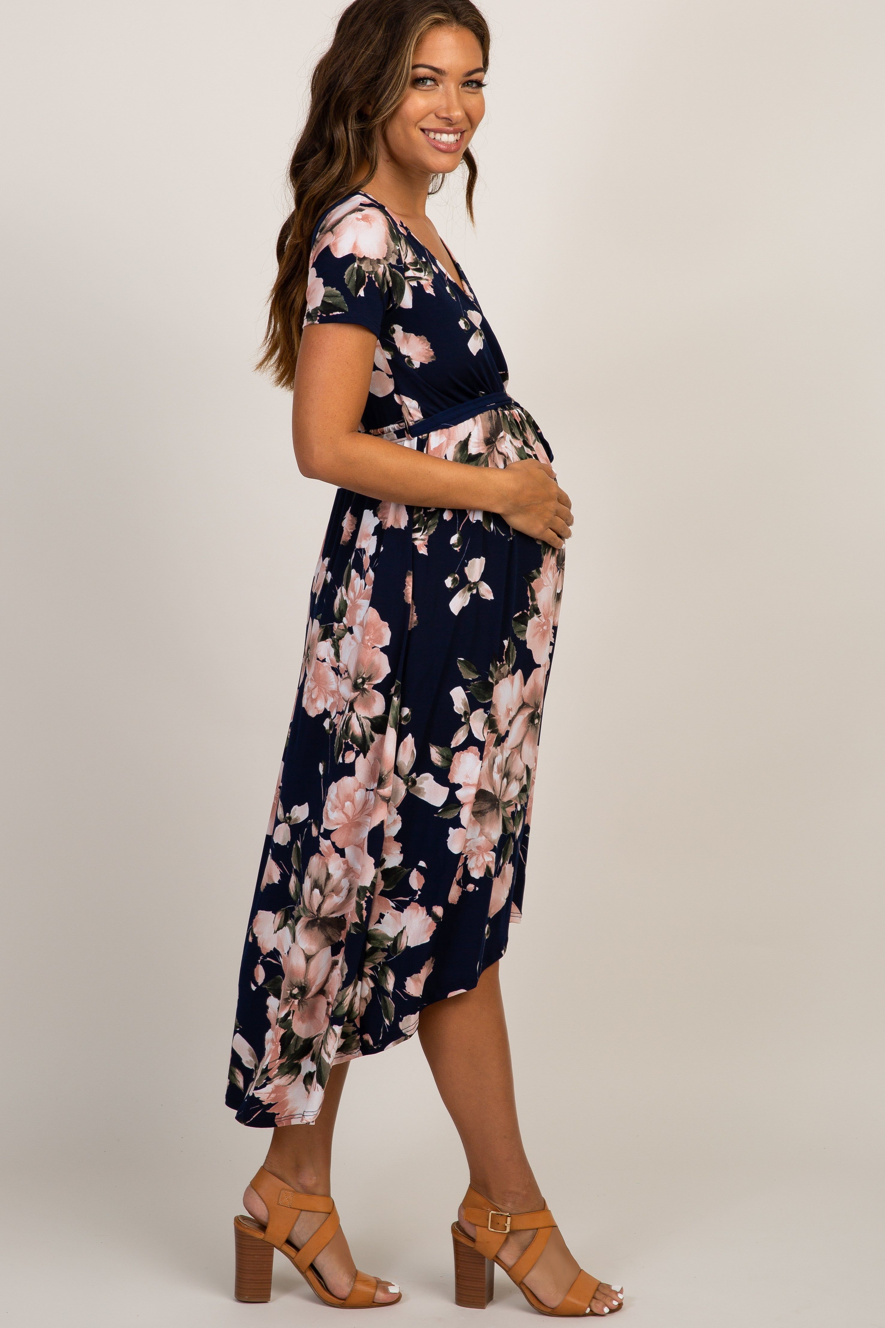 Navy Floral Hi-Low Maternity Wrap Dress sold by Pinkblush product image thumbnail 2