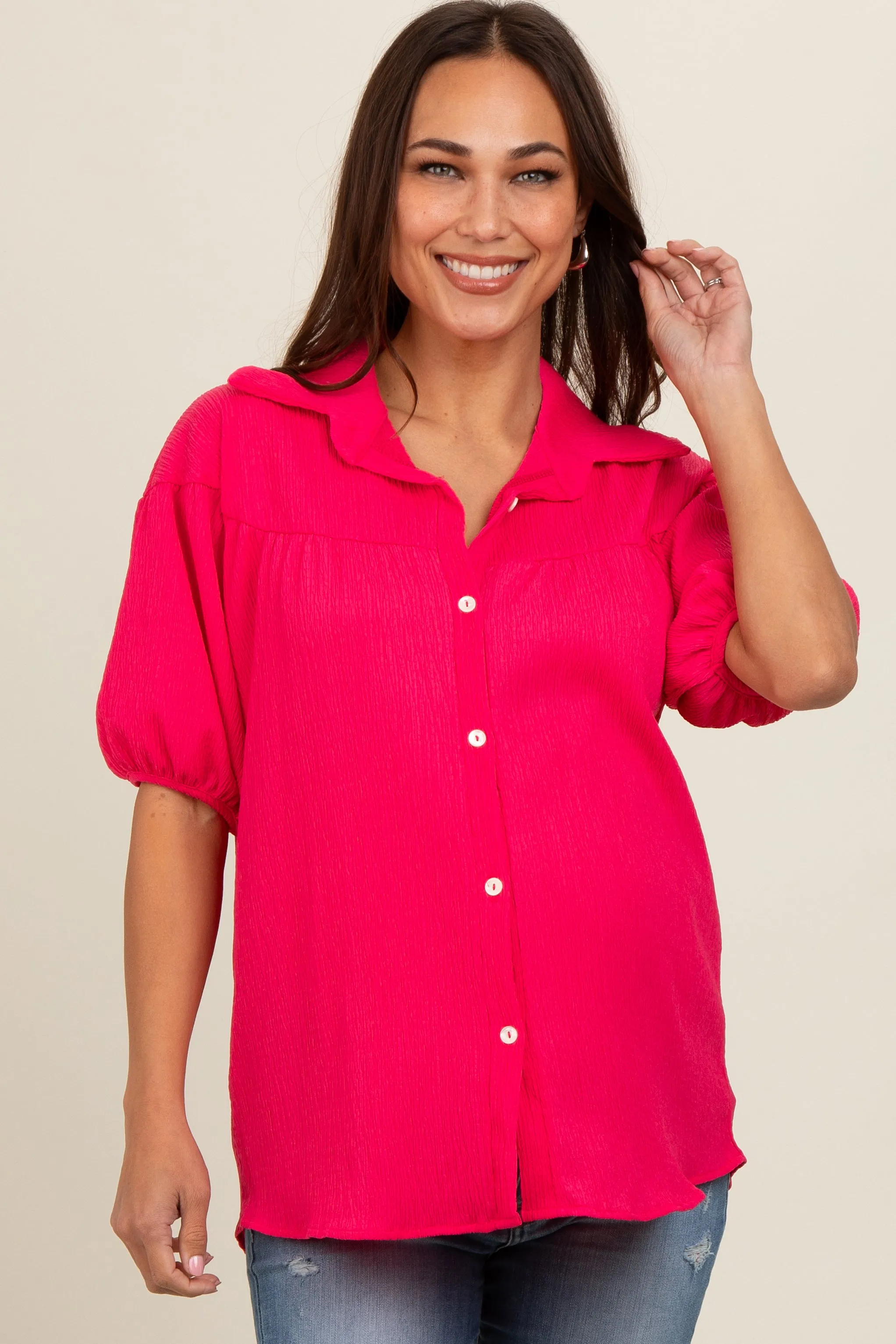 Fuchsia Collared Button Down Maternity Blouse sold by Pinkblush