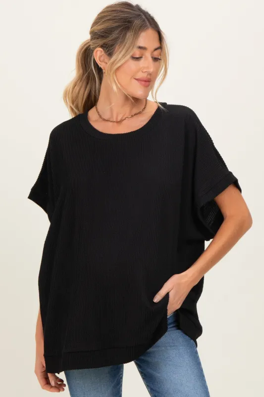 Black Solid Ribbed Short Sleeve Oversized Maternity Tunic Top sold by Pinkblush