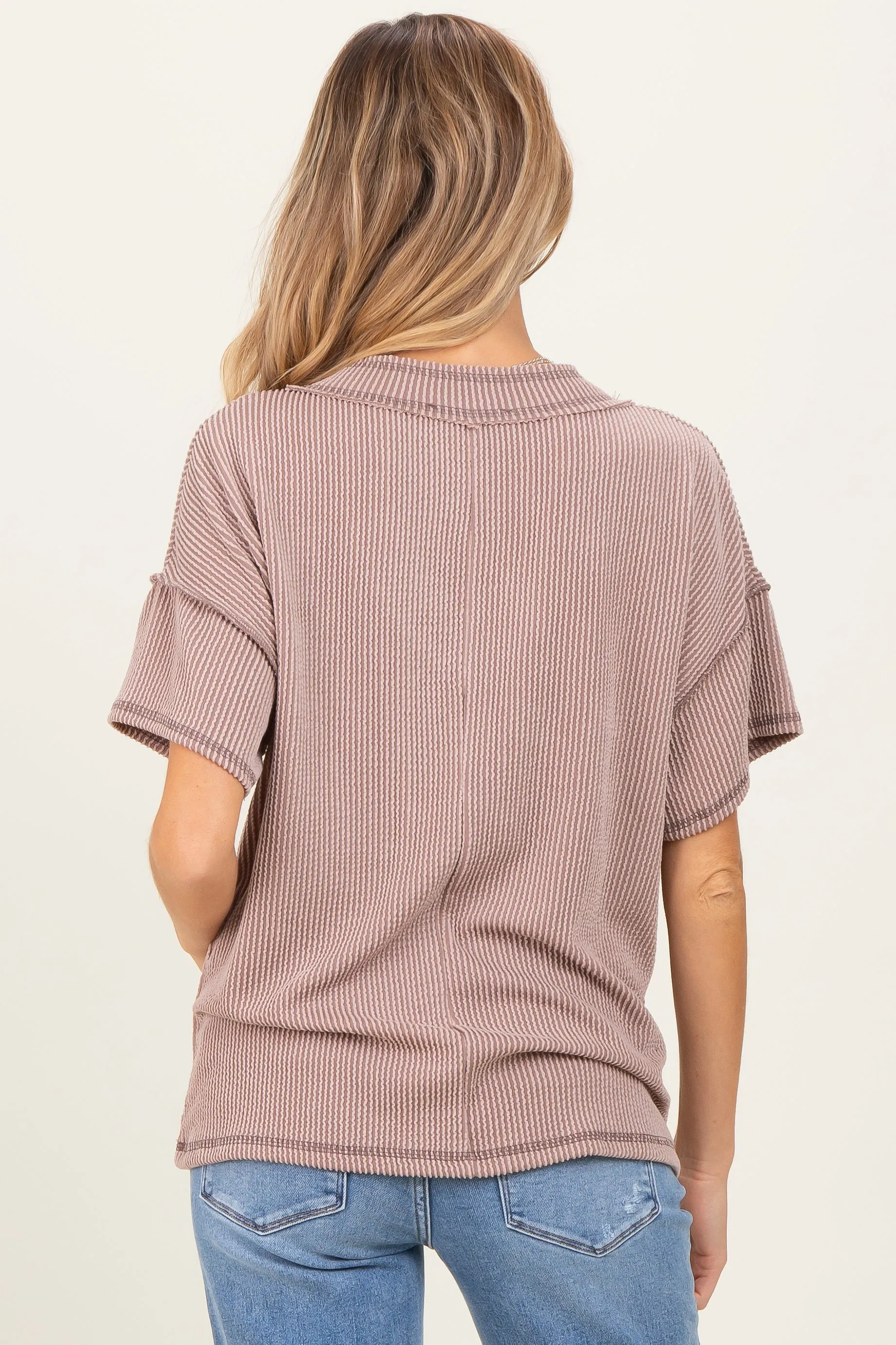 Taupe Ribbed Short Sleeve V-Neck Reverse Stitch Maternity Top sold by Pinkblush product image thumbnail 3