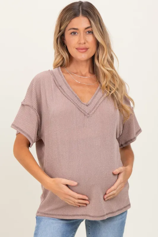 Taupe Ribbed Short Sleeve V-Neck Reverse Stitch Maternity Top sold by Pinkblush
