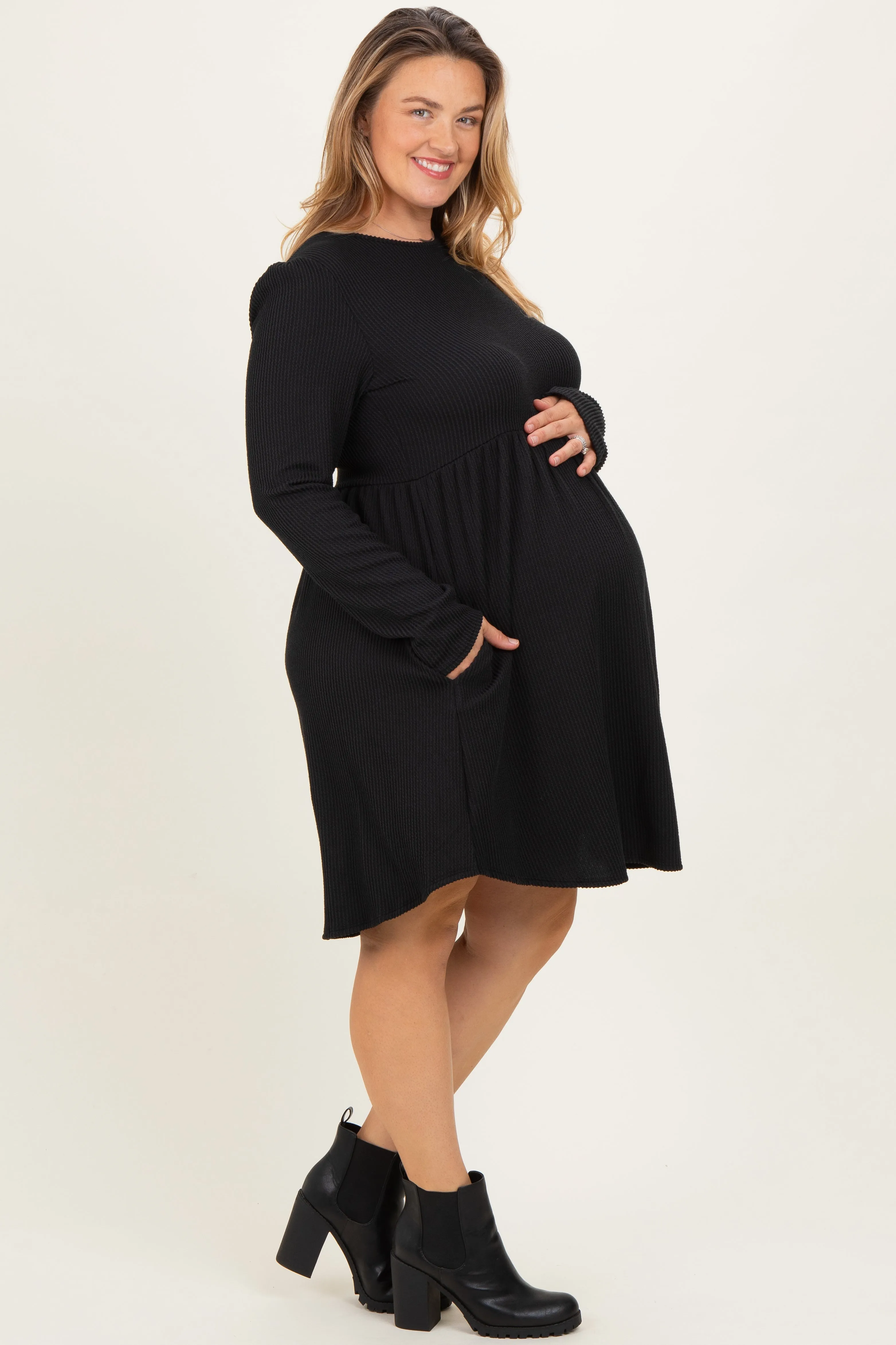 Black Textured Rib Long Sleeve Maternity Plus Dress sold by Pinkblush product image thumbnail 3