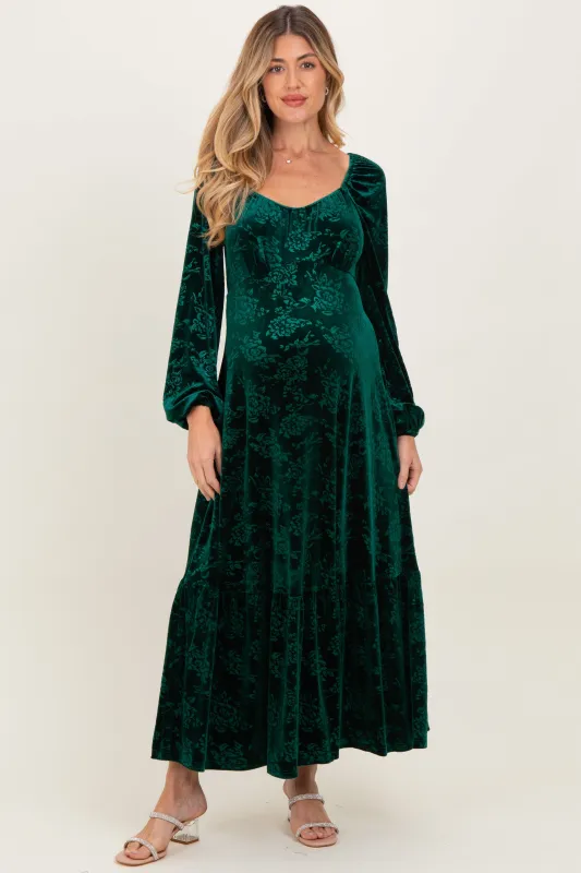 Emerald Green Velvet Jacquard Floral Maternity Maxi Dress sold by Pinkblush