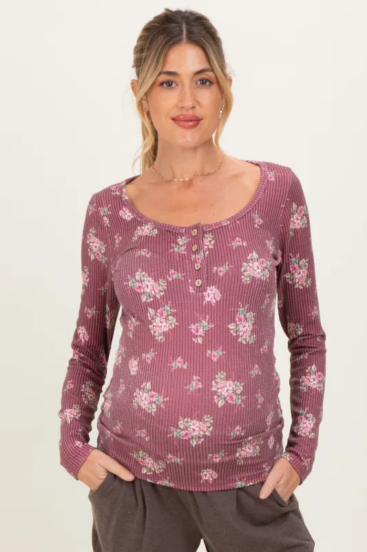 Burgundy Floral Ribbed Long Sleeve Button Down Maternity Tunic Top sold by Pinkblush