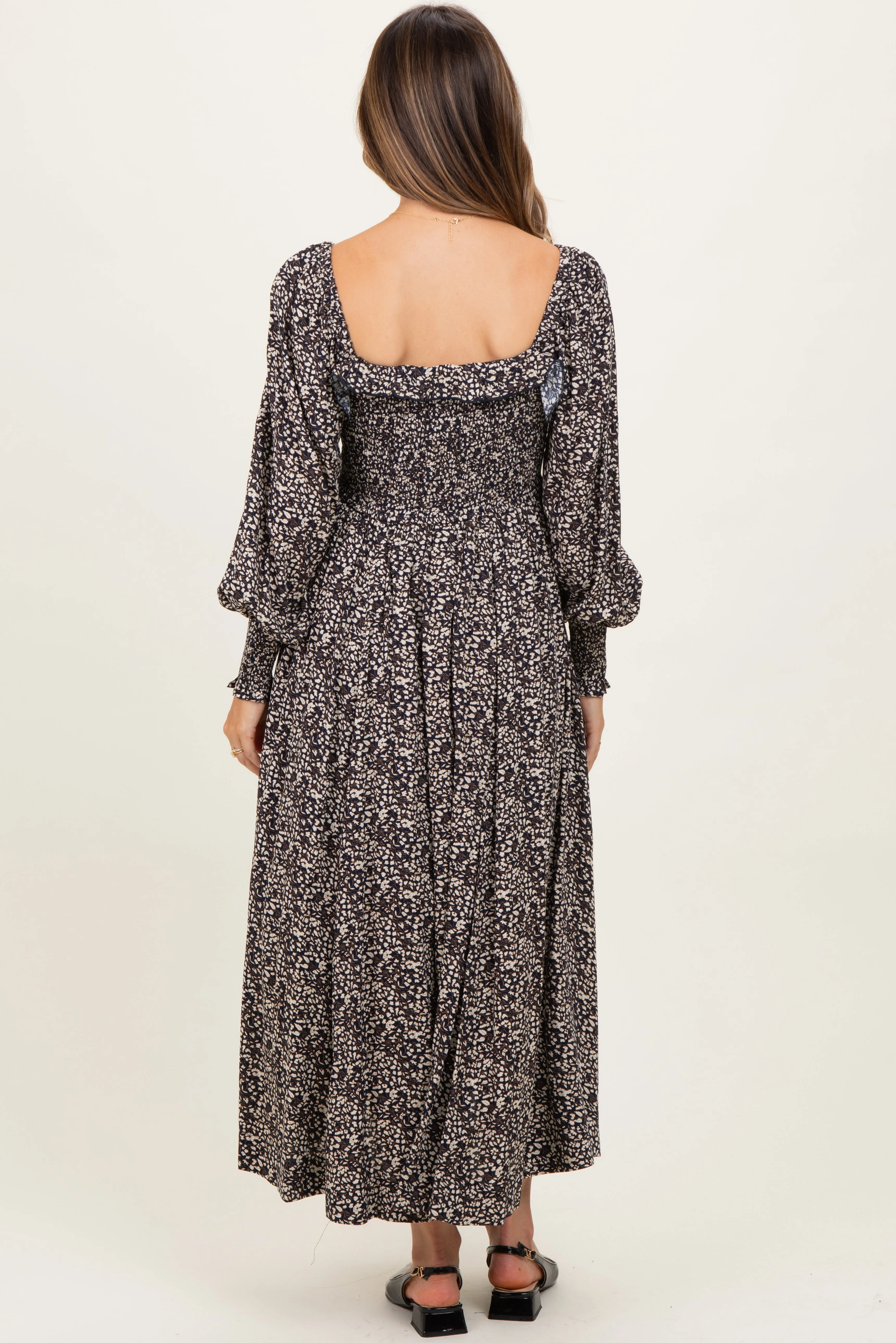 Navy Smocked Ruffled Floral Maternity Maxi Dress sold by Pinkblush product image thumbnail 4