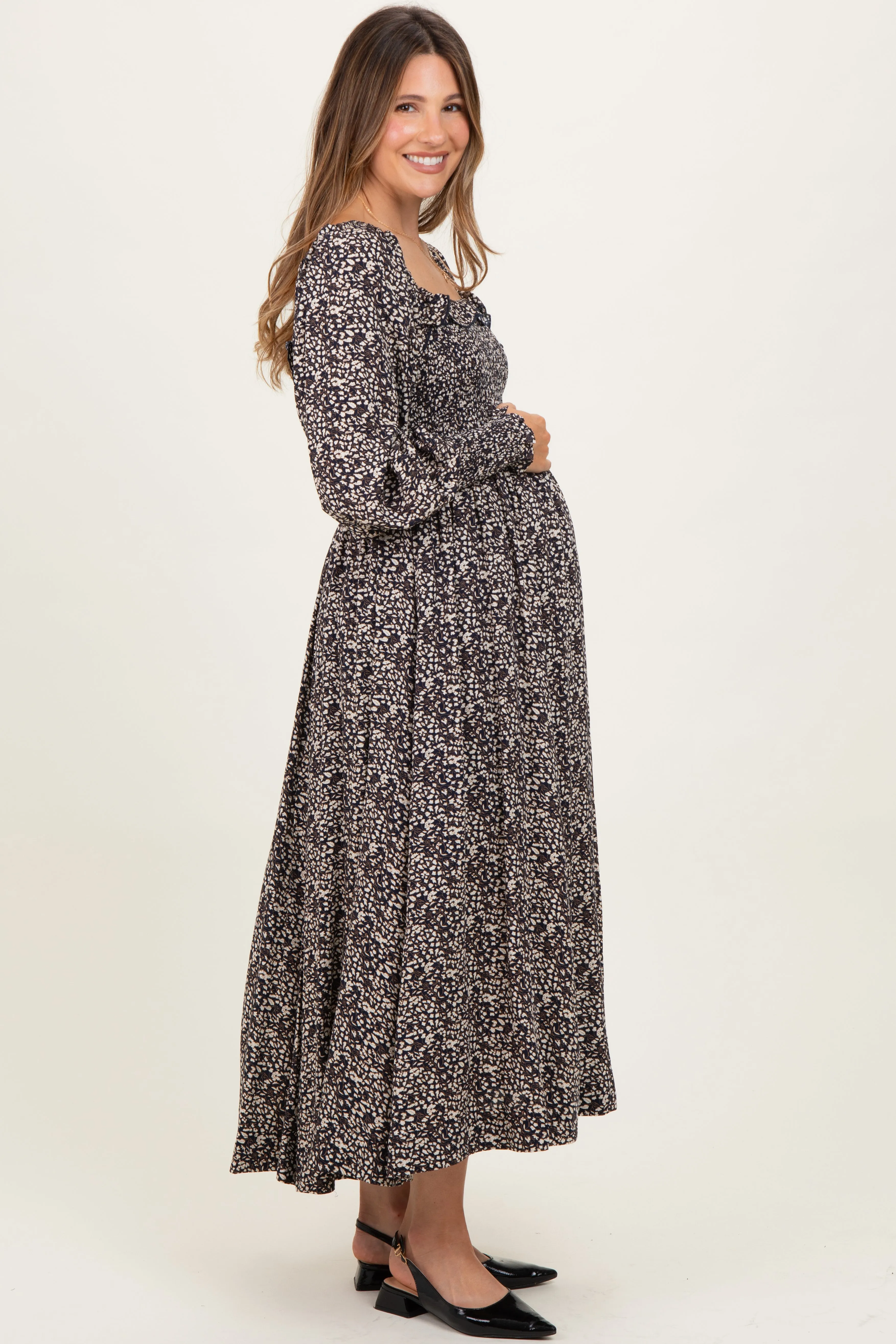 Navy Smocked Ruffled Floral Maternity Maxi Dress sold by Pinkblush product image thumbnail 3