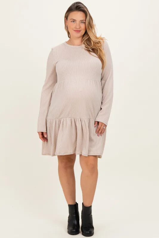 Beige Textured Rib Tiered Long Sleeve Maternity Plus Dress sold by Pinkblush