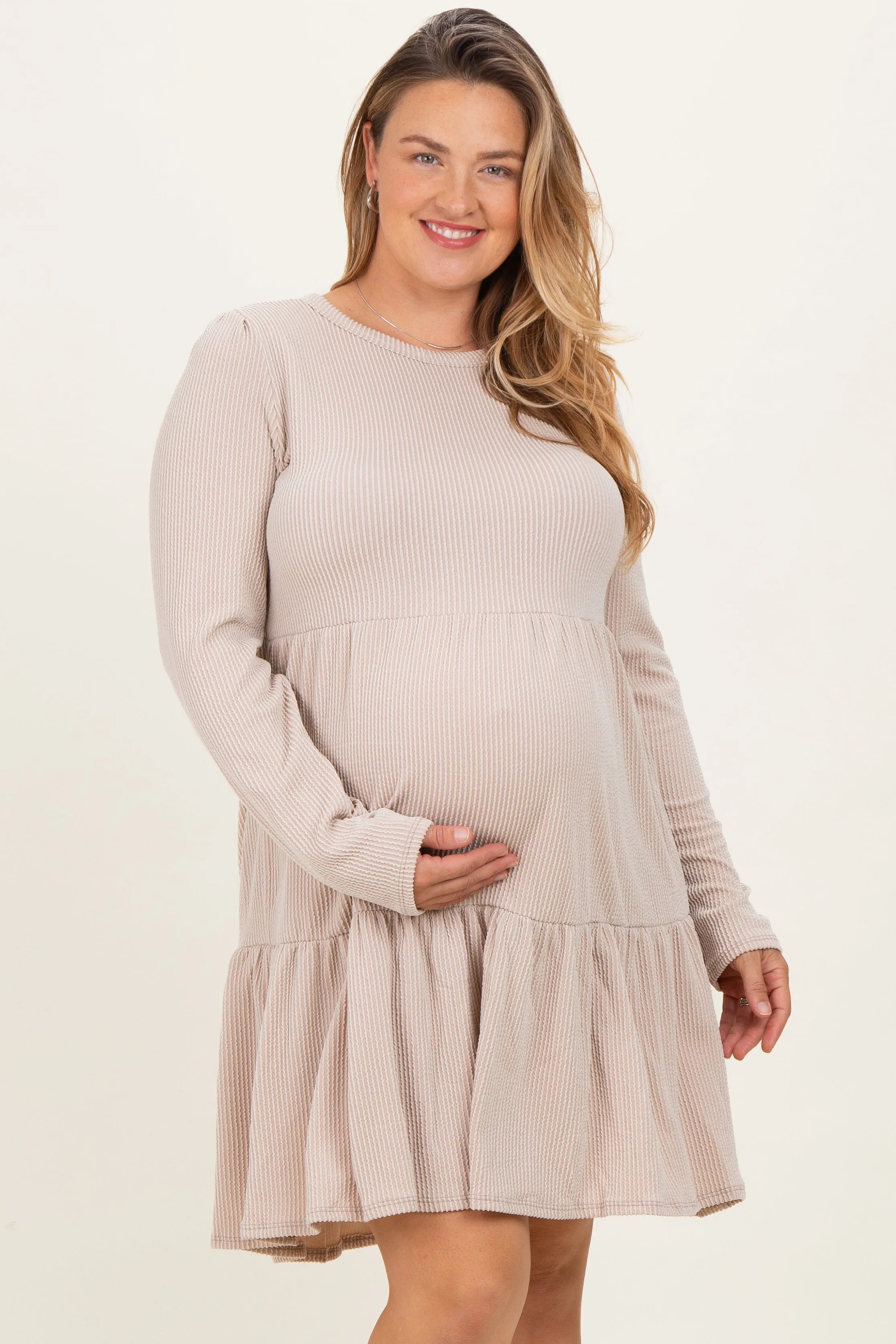 Beige Textured Rib Tiered Long Sleeve Maternity Plus Dress sold by Pinkblush product image thumbnail 2