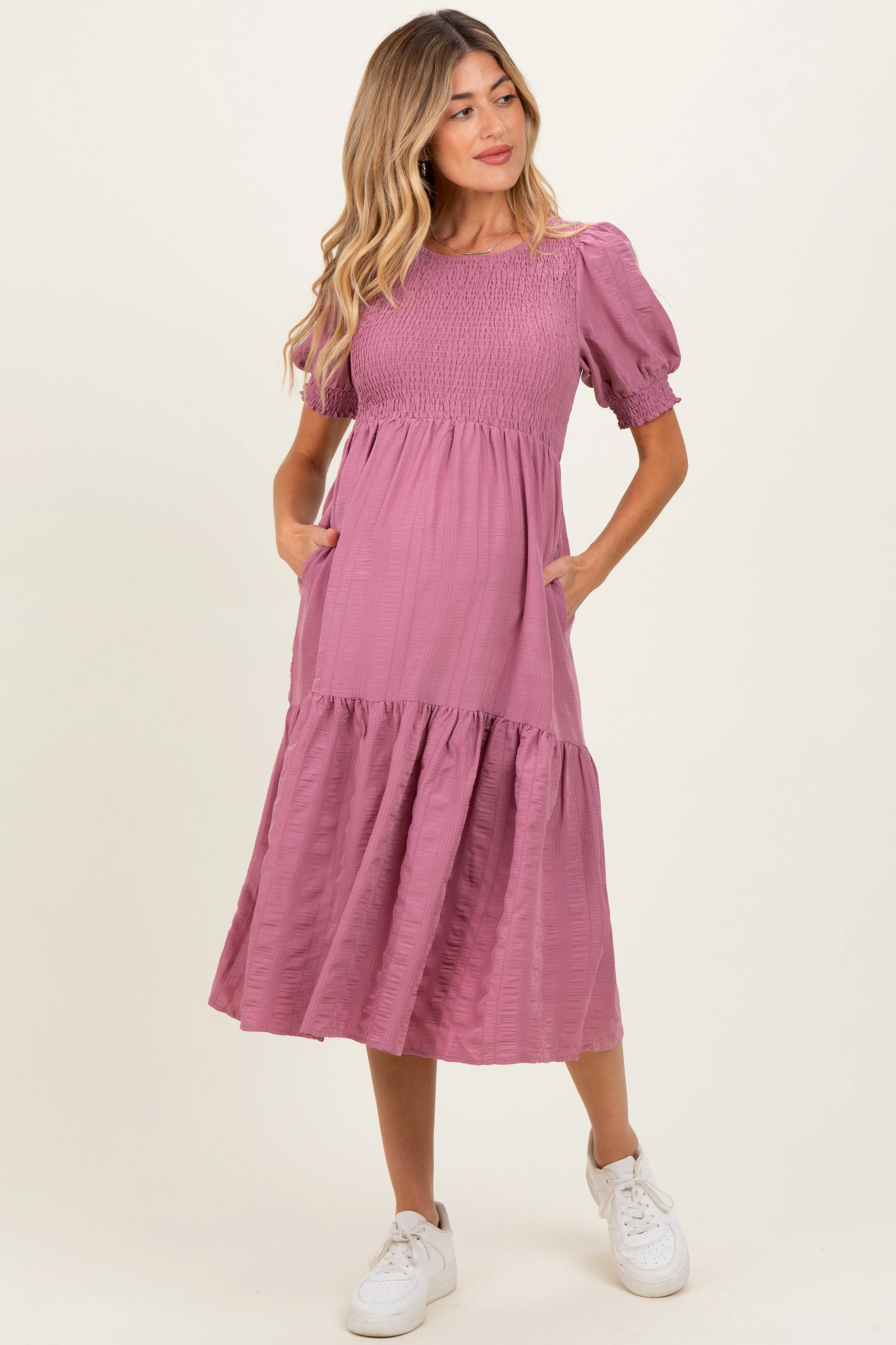 Mauve Textured Flowy Maternity Dress sold by Pinkblush