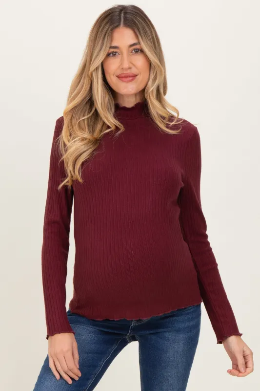 Burgundy Ribbed Mock Neck Ruffle Hem Maternity Long Sleeve Top sold by Pinkblush