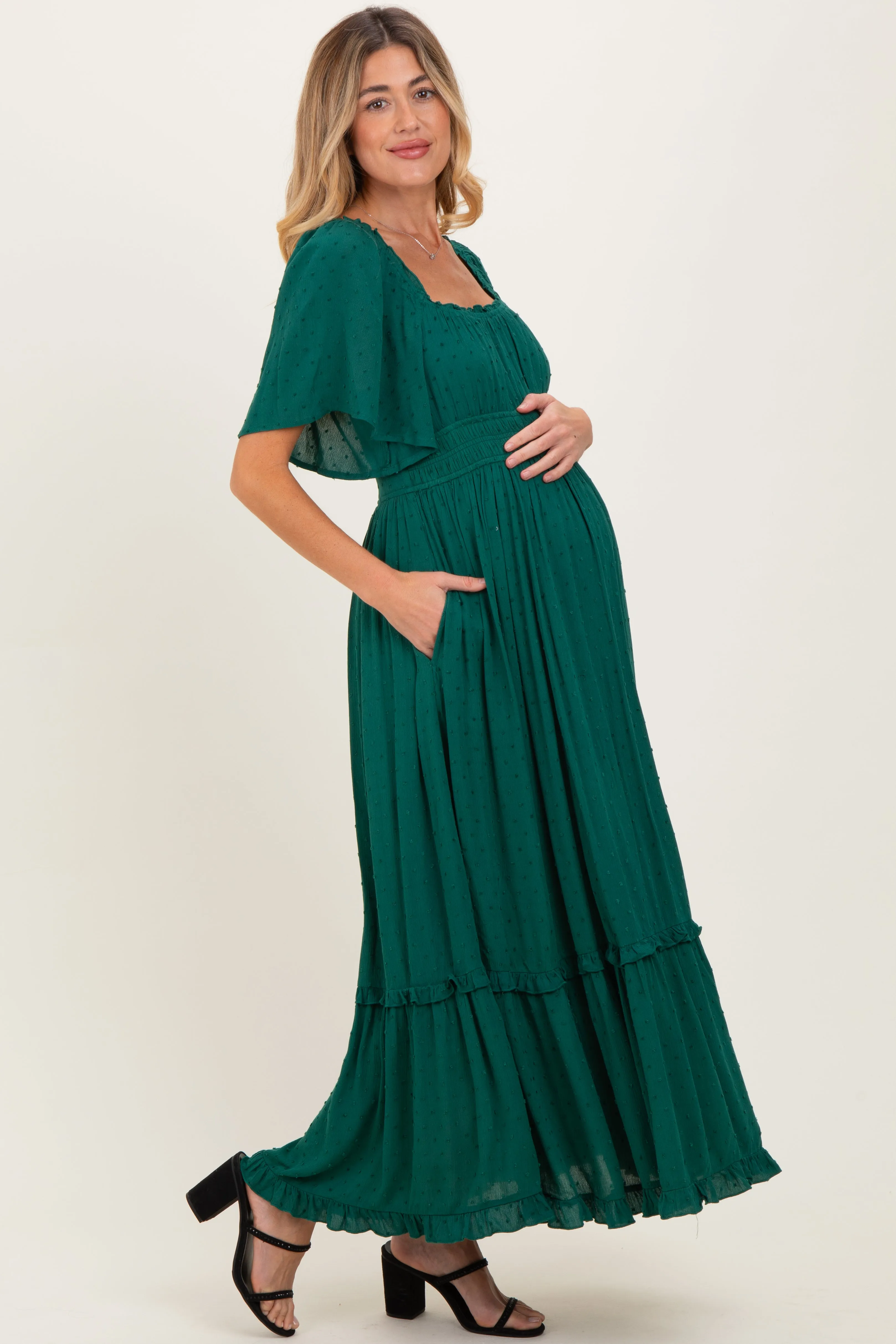Forest Green Swiss Dot Ruffle Trim Maternity Maxi Dress sold by Pinkblush product image thumbnail 4