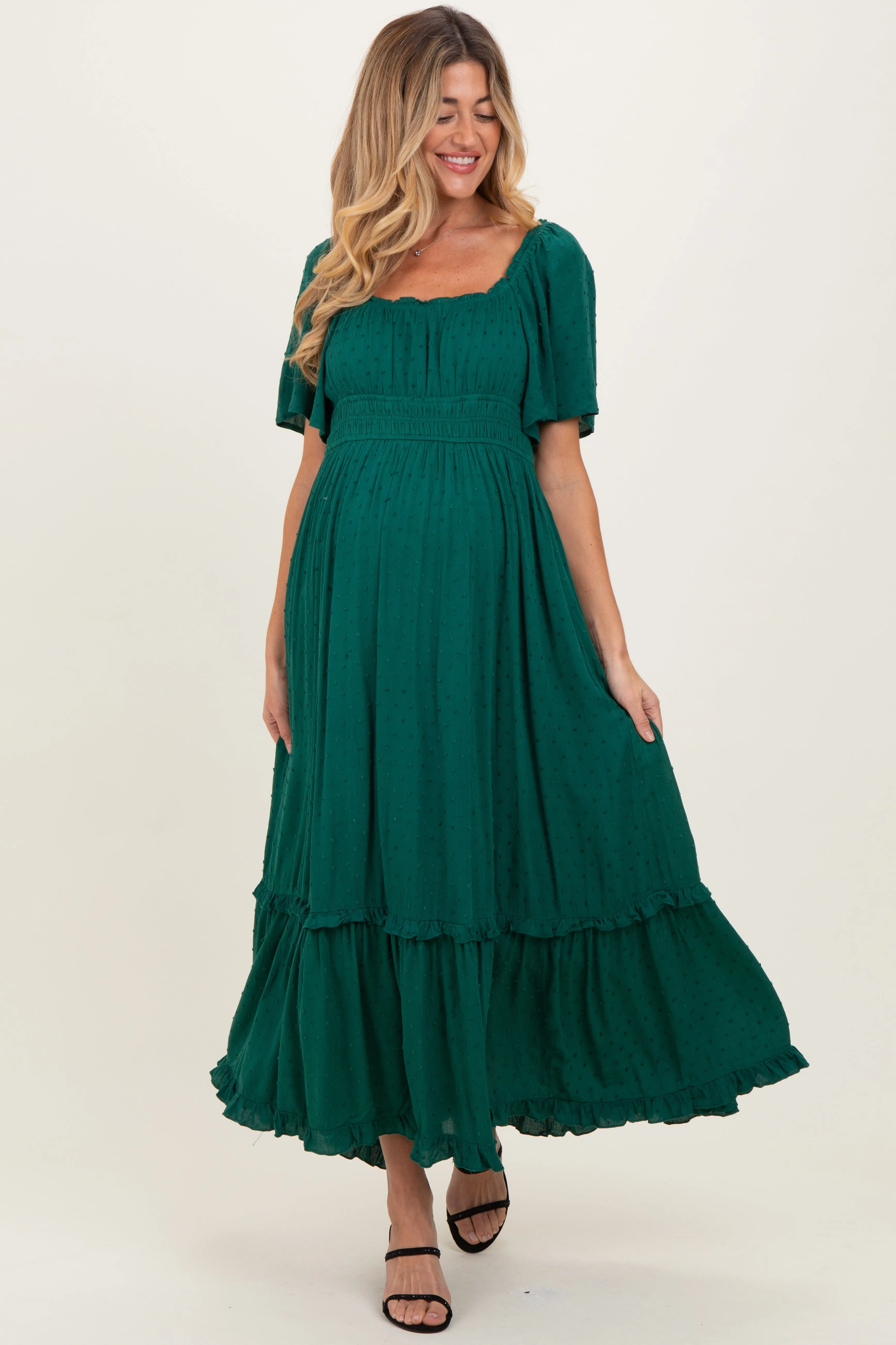 Forest Green Swiss Dot Ruffle Trim Maternity Maxi Dress sold by Pinkblush