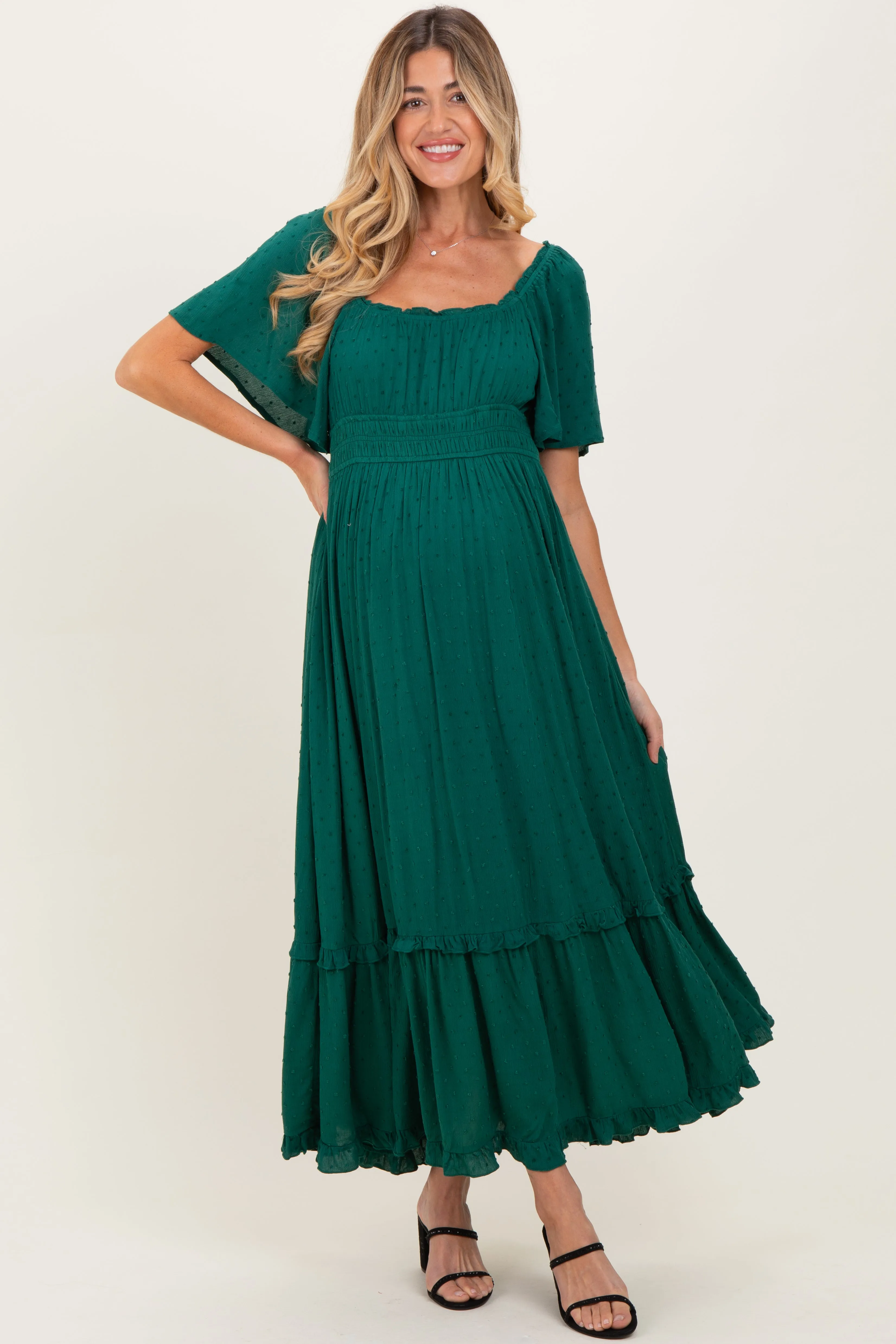 Forest Green Swiss Dot Ruffle Trim Maternity Maxi Dress sold by Pinkblush product image thumbnail 2