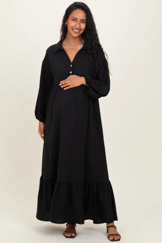 Black Solid Long Sleeve Button Down Tiered Collared Maternity Dress sold by Pinkblush