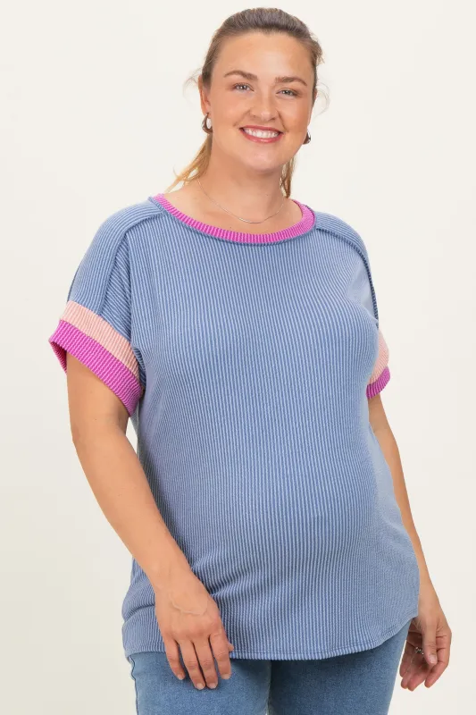 Dusty Blue Ribbed Colorblock Detail Maternity Plus Short Sleeve Top sold by Pinkblush