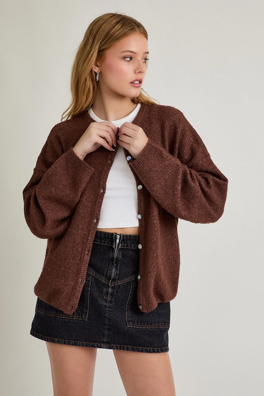 Brown Classic Crew Neck Button Cardigan sold by Pinkblush product image thumbnail 2