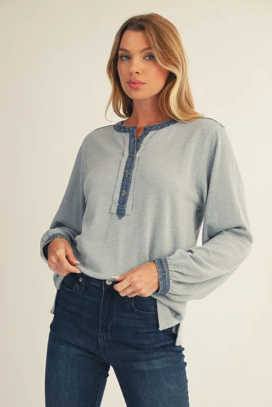 Light Blue Rib Knit Casual Henley Top sold by Pinkblush