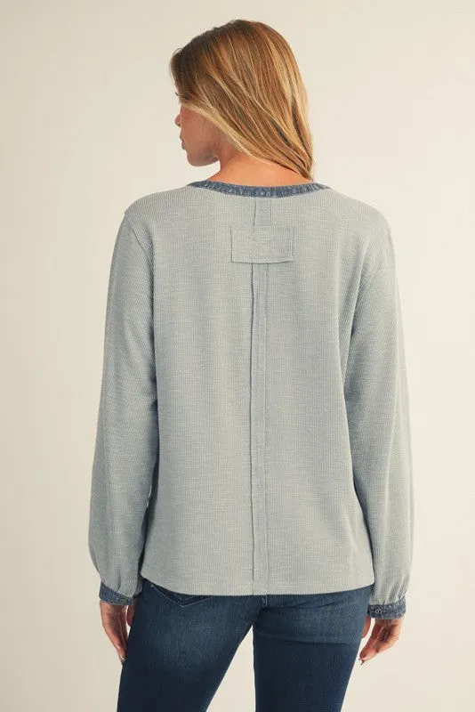 Light Blue Rib Knit Casual Henley Top sold by Pinkblush product image thumbnail 2