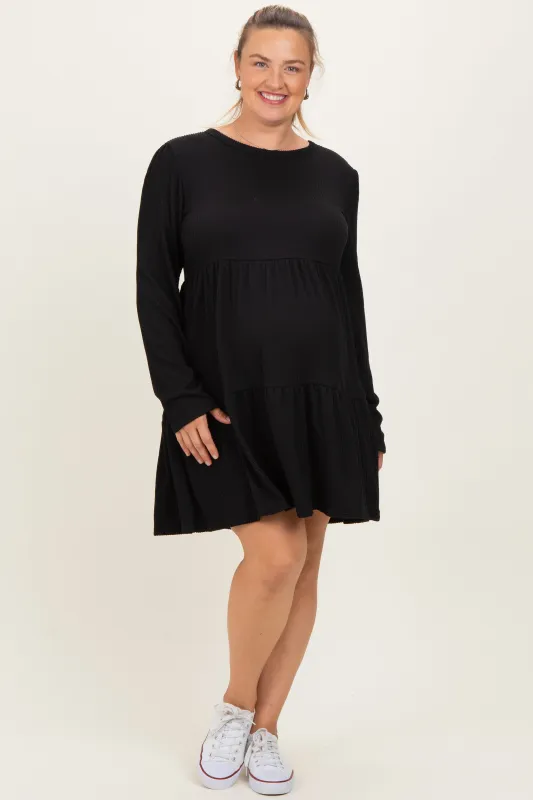 Black Textured Rib Tiered Long Sleeve Maternity Plus Dress sold by Pinkblush