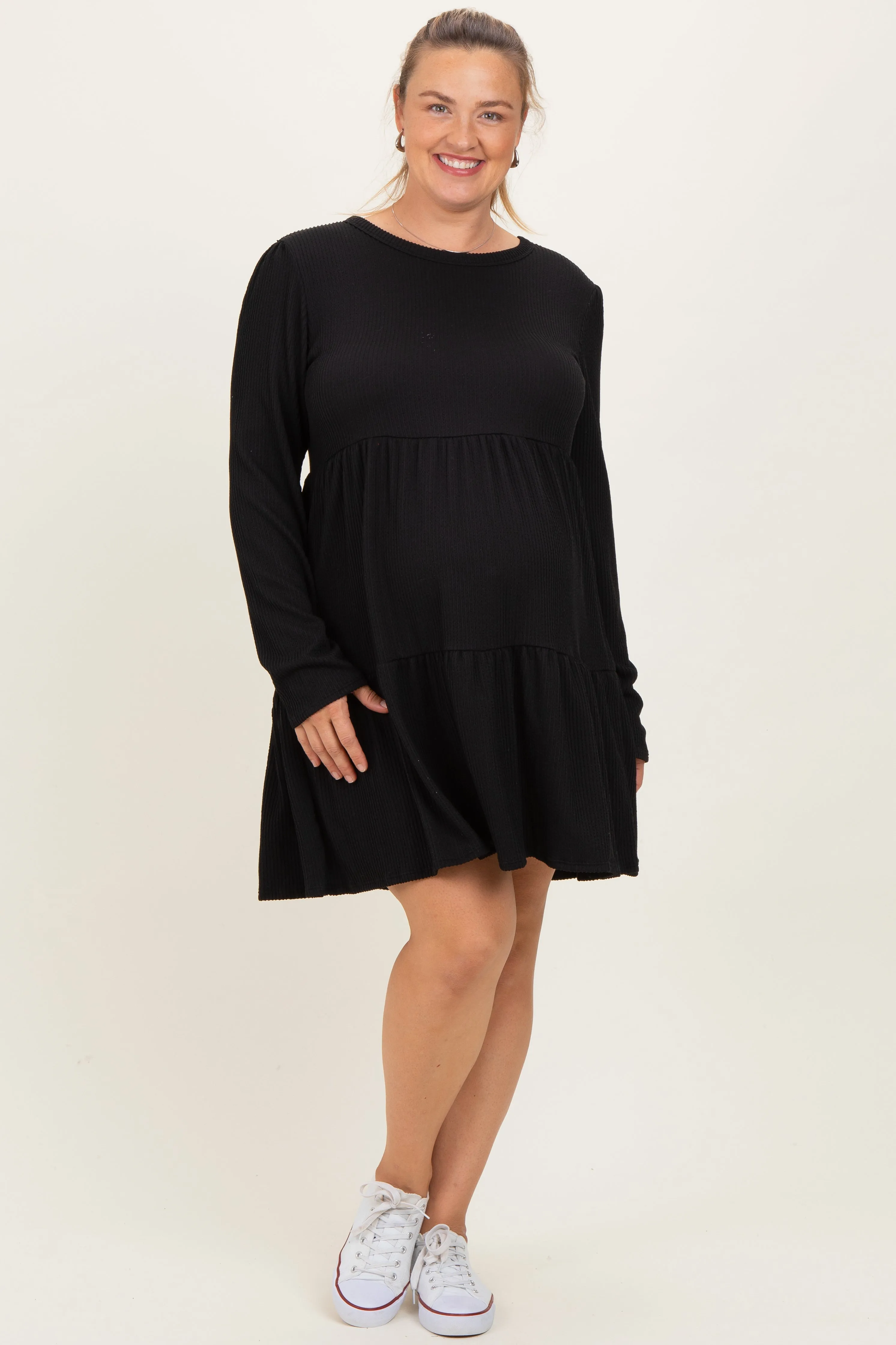 Black Textured Rib Tiered Long Sleeve Maternity Plus Dress sold by Pinkblush