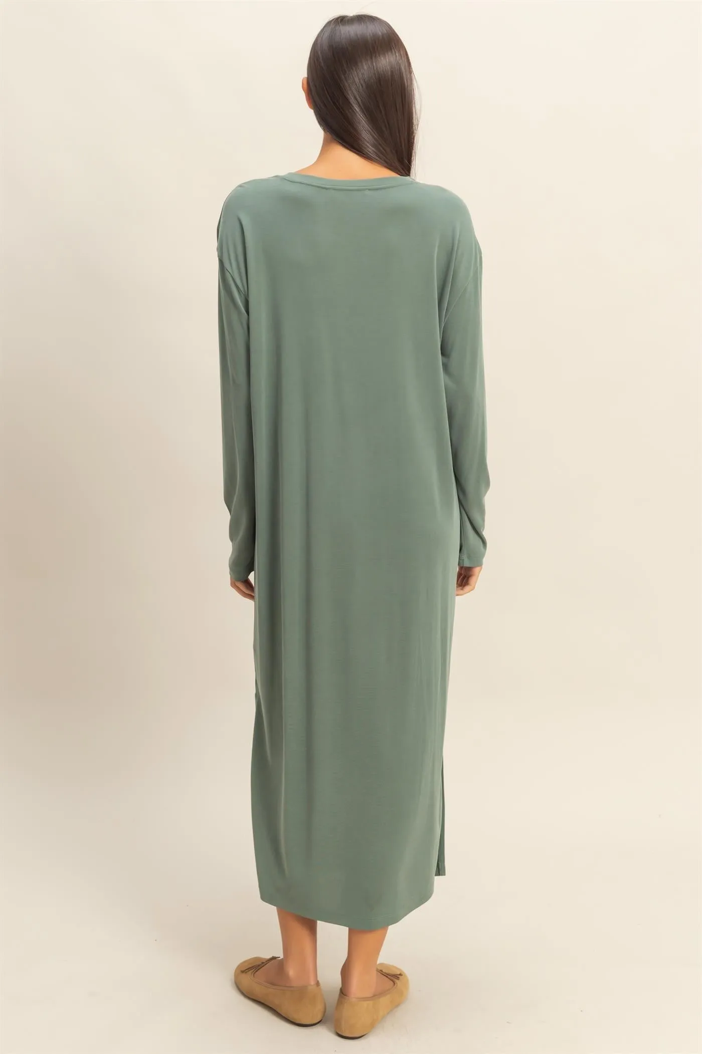 Light Olive Oversized Long Sleeve Midi Dress sold by Pinkblush product image thumbnail 4