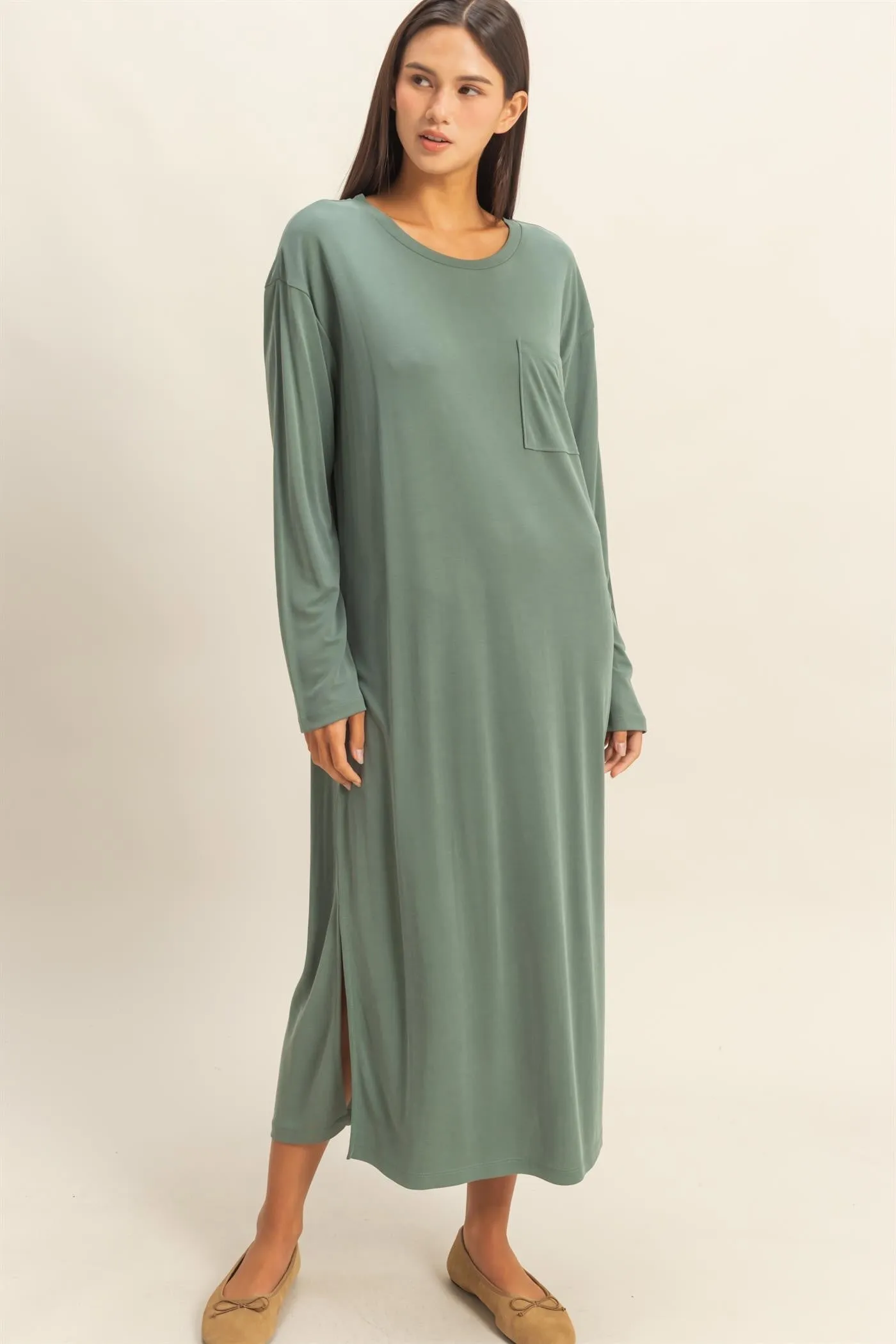 Light Olive Oversized Long Sleeve Midi Dress sold by Pinkblush product image thumbnail 2