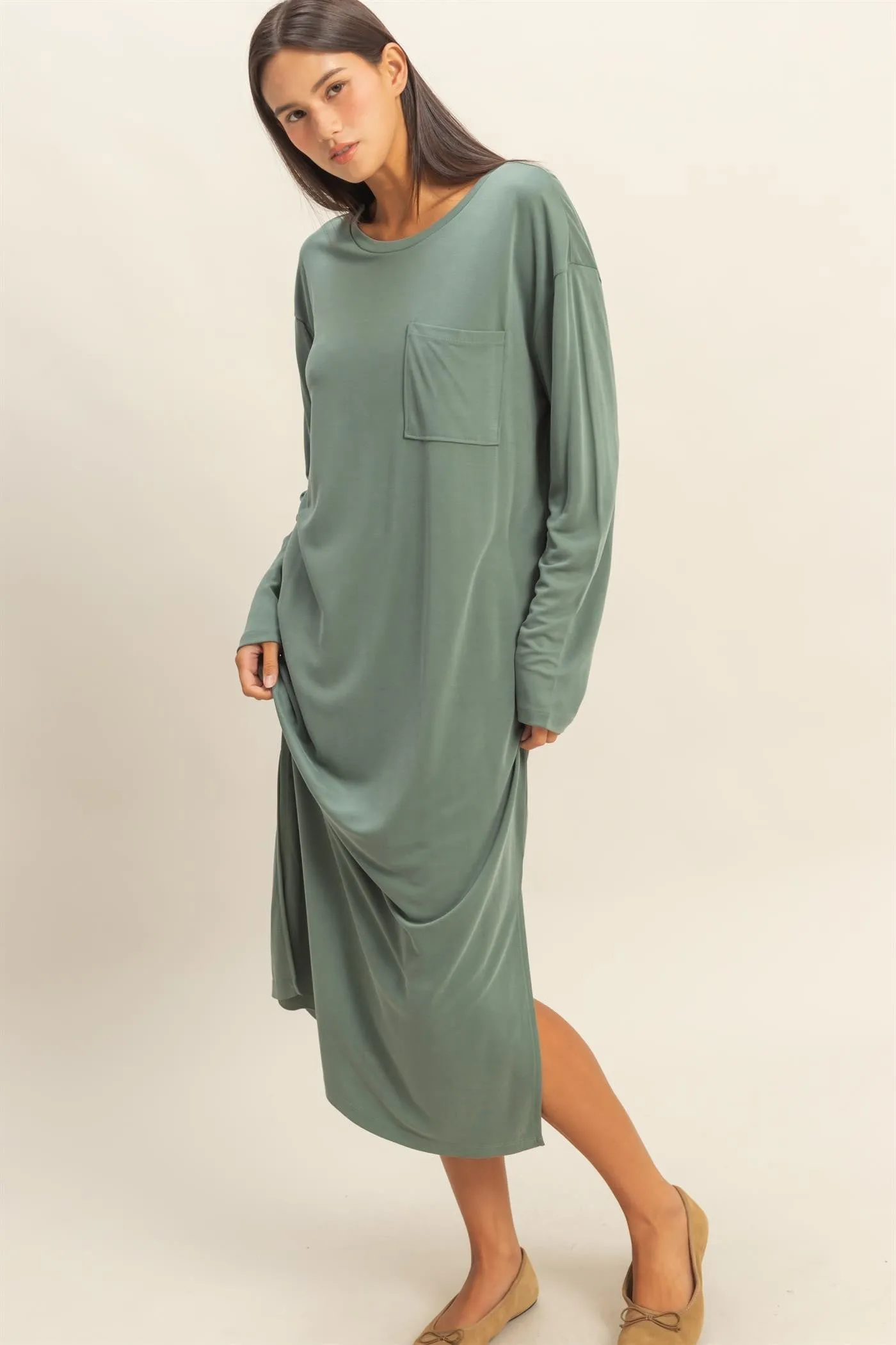 Light Olive Oversized Long Sleeve Midi Dress sold by Pinkblush product image thumbnail 3