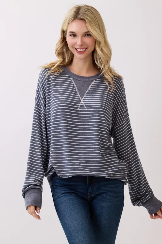 Navy Striped Crew Neck Pullover Top sold by Pinkblush