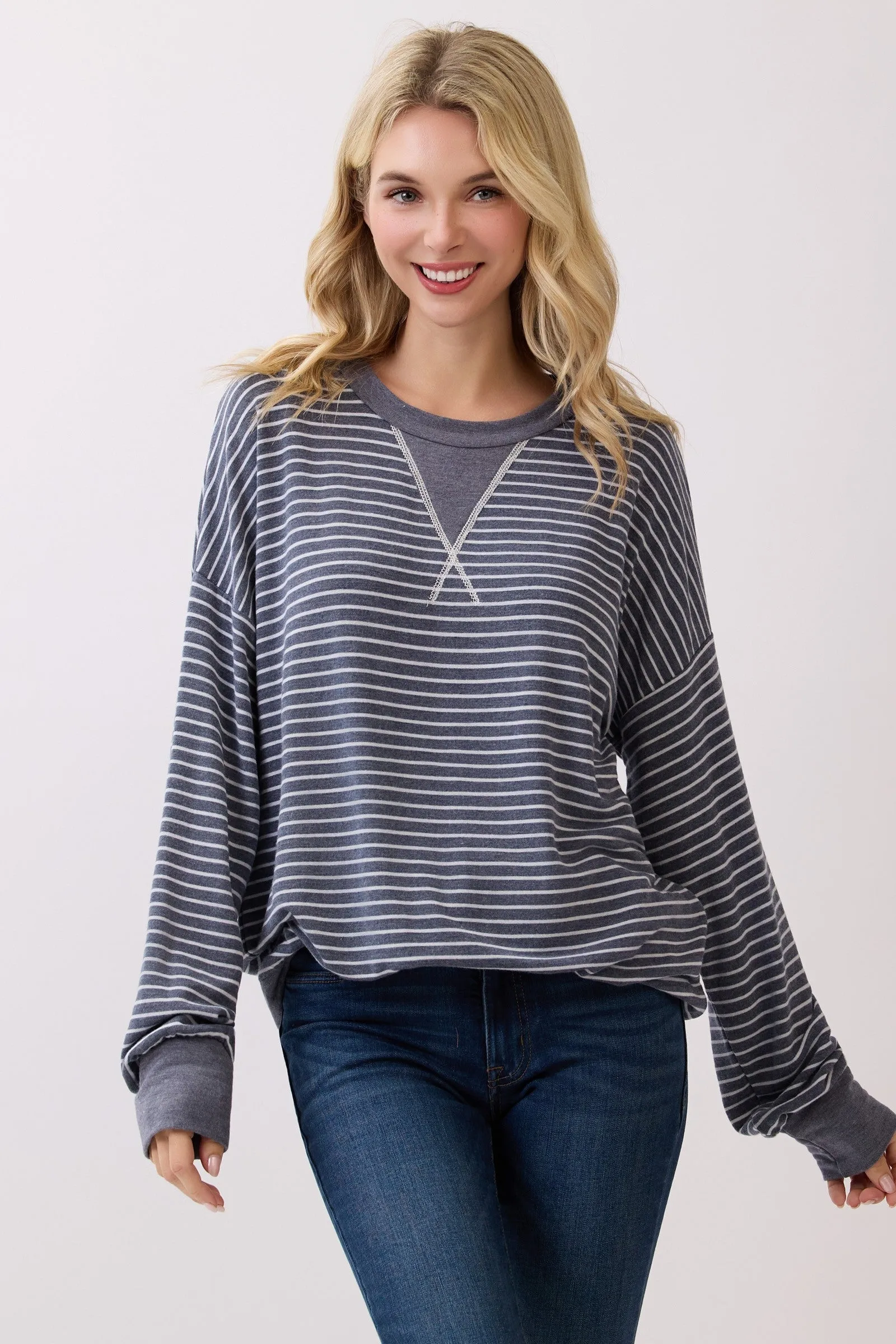 Navy Striped Crew Neck Pullover Top sold by Pinkblush
