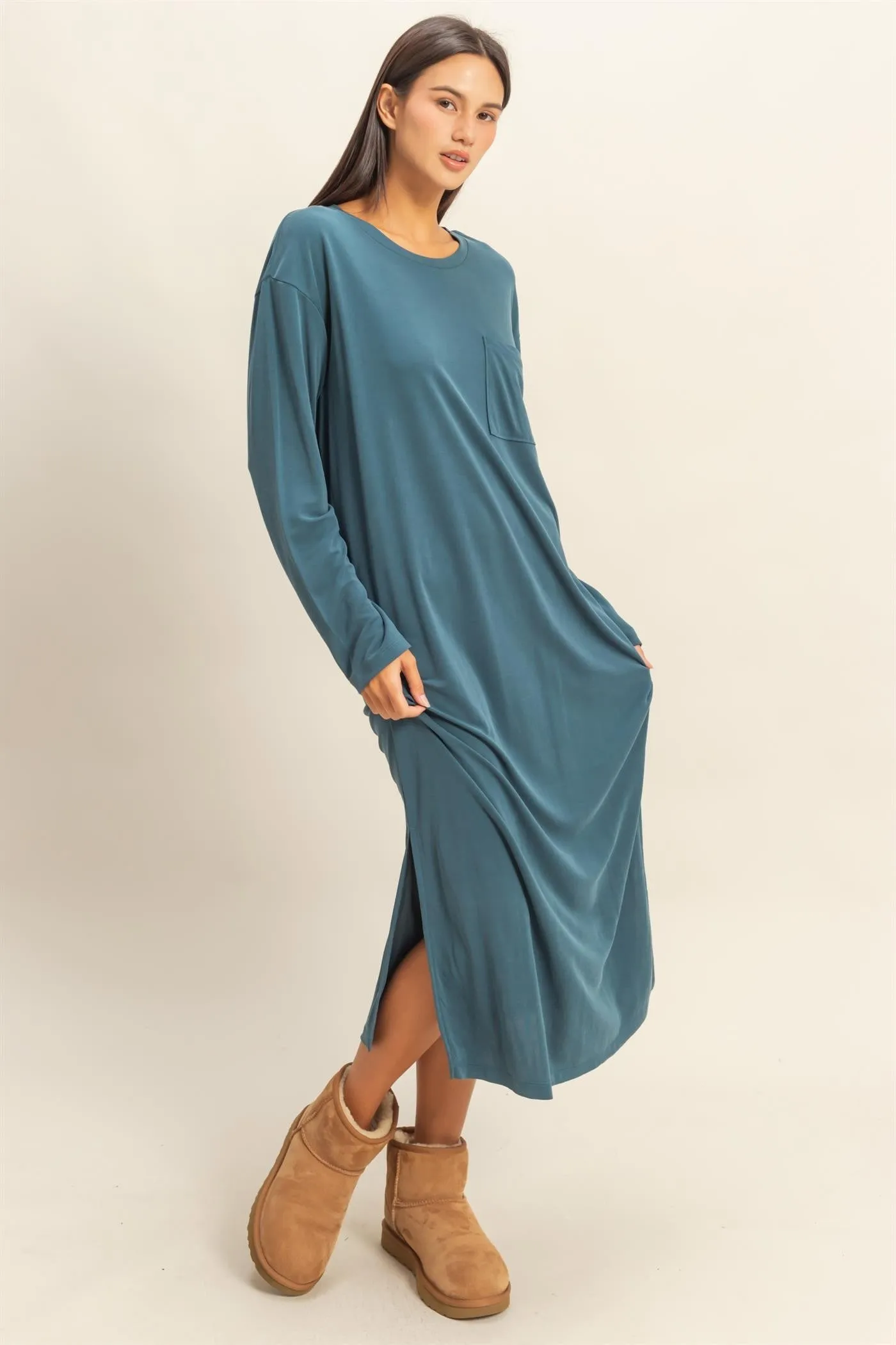 Teal Oversized Long Sleeve Midi Dress sold by Pinkblush product image thumbnail 2