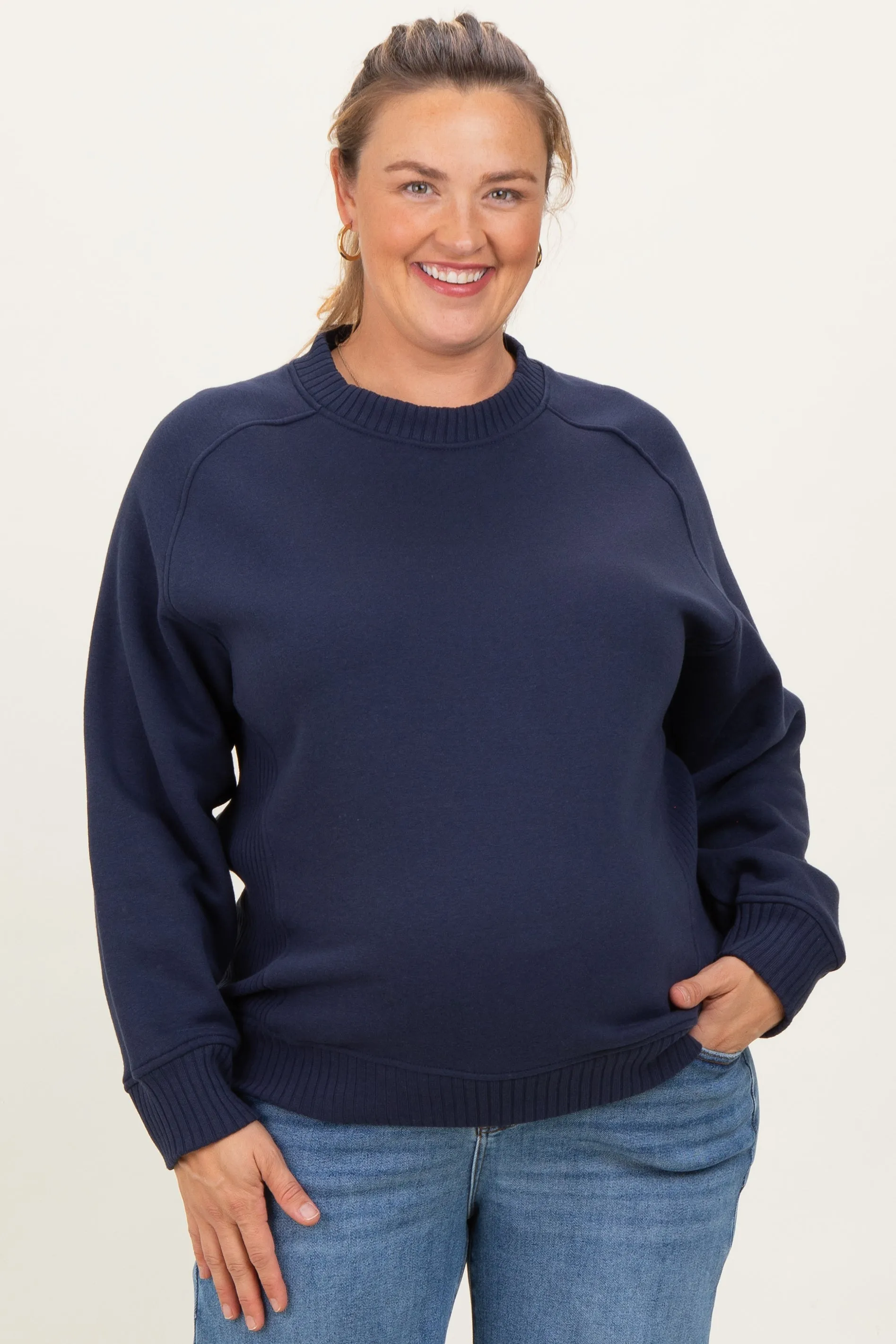 Navy Pullover Terry Maternity Plus Crewneck sold by Pinkblush