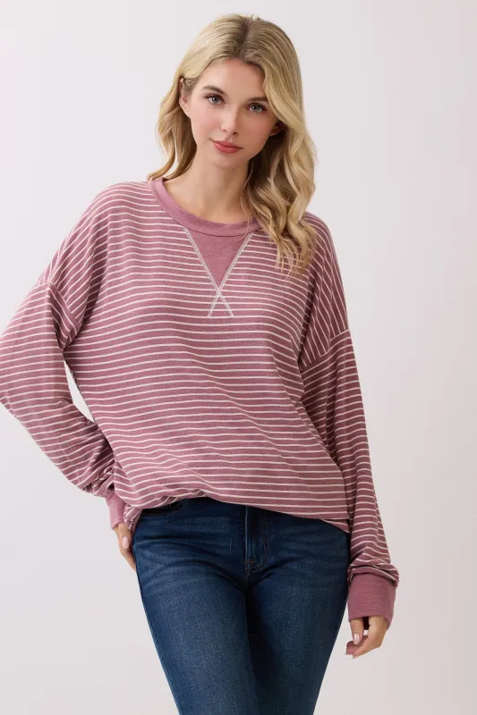 Mauve Striped Crew Neck Pullover Top sold by Pinkblush