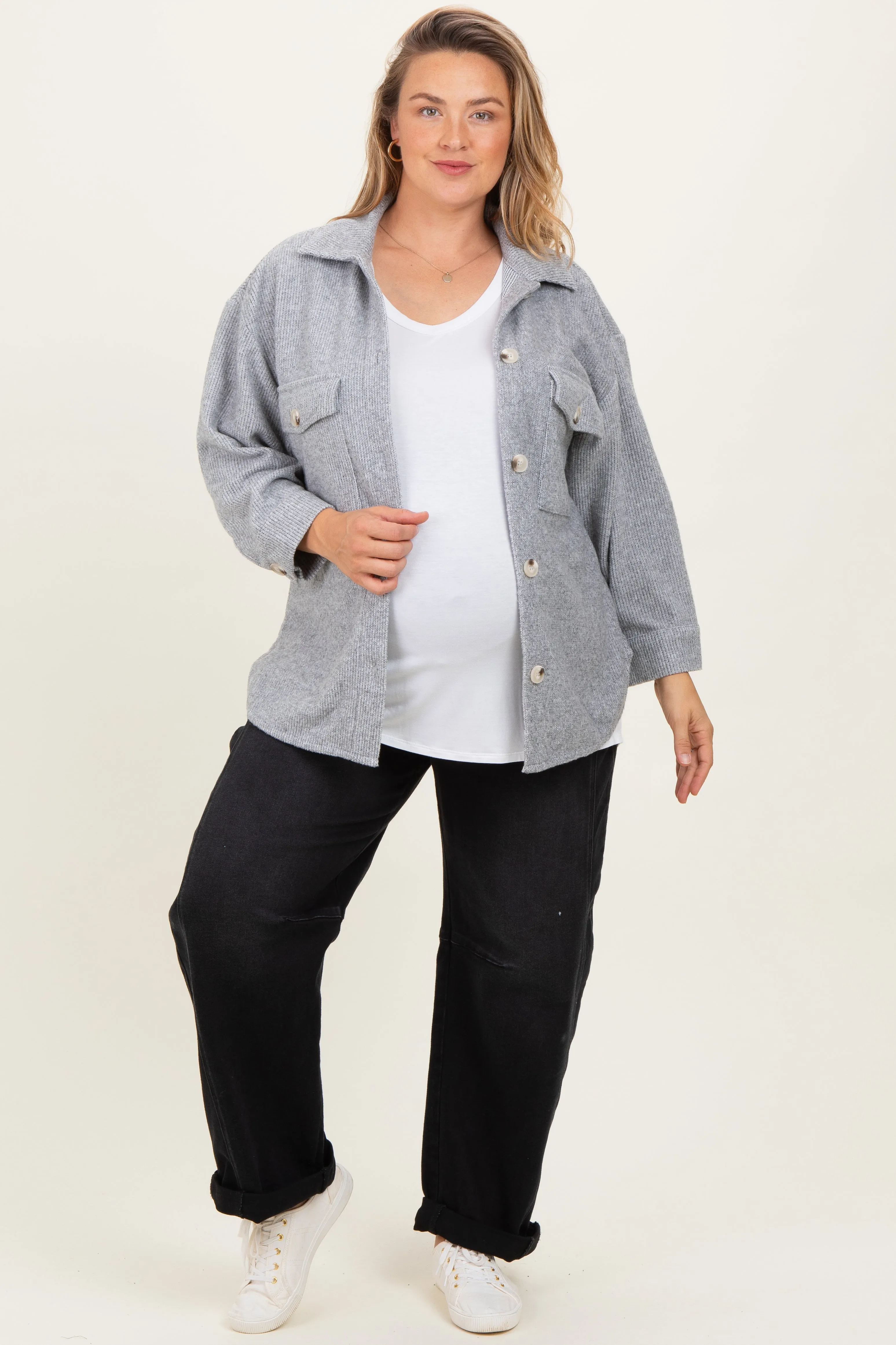 Heather Grey Brushed Knit Maternity Plus Shirt Jacket sold by Pinkblush product image thumbnail 2