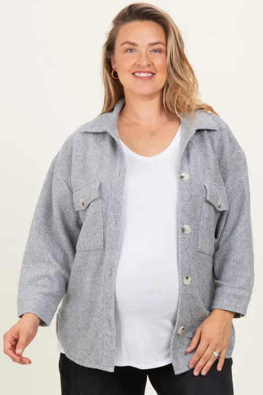 Heather Grey Brushed Knit Maternity Plus Shirt Jacket sold by Pinkblush